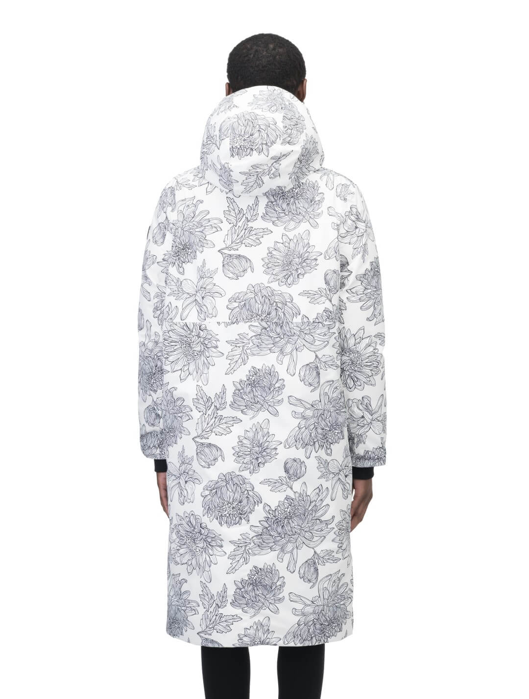 Ladies knee length reversible down-filled parka with non-removable hood in White Floral