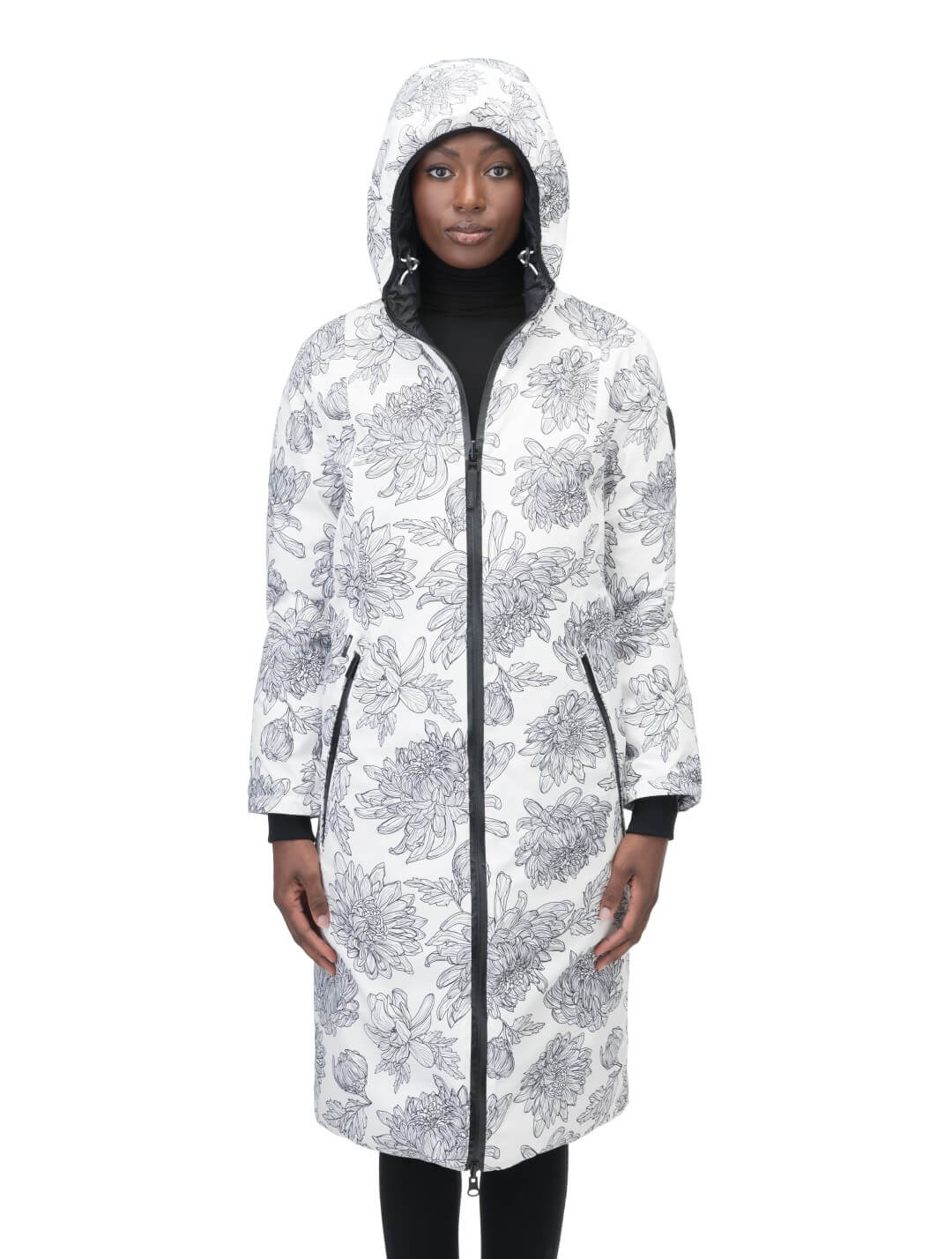 Ladies knee length reversible down-filled parka with non-removable hood in White Floral