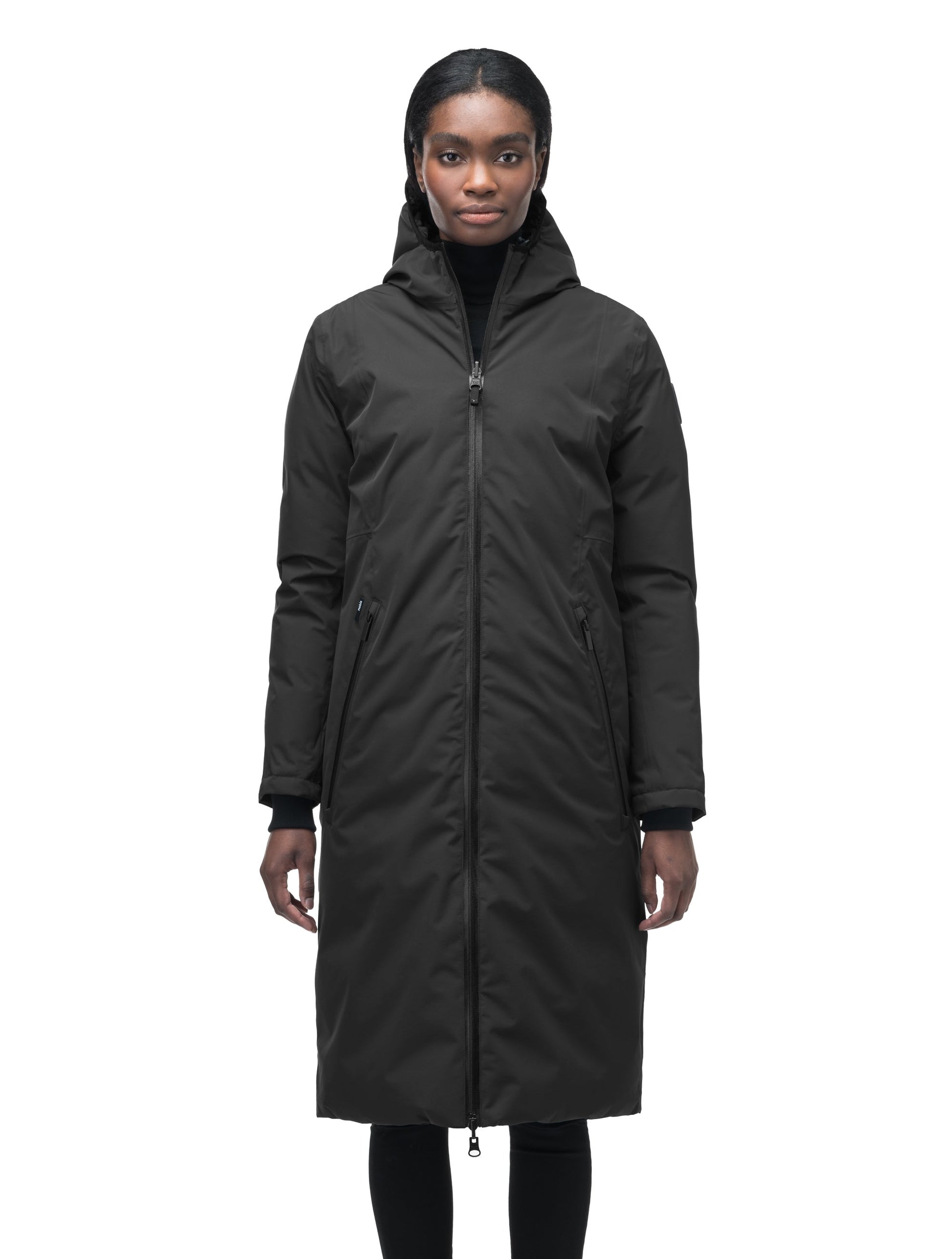 Ladies knee length reversible down-filled parka with non-removable hood in Black