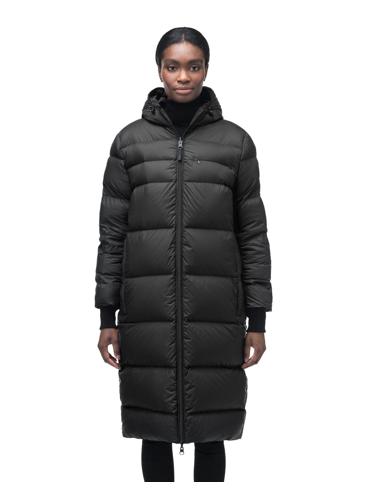 Ladies knee length reversible down-filled parka with non-removable hood in Black