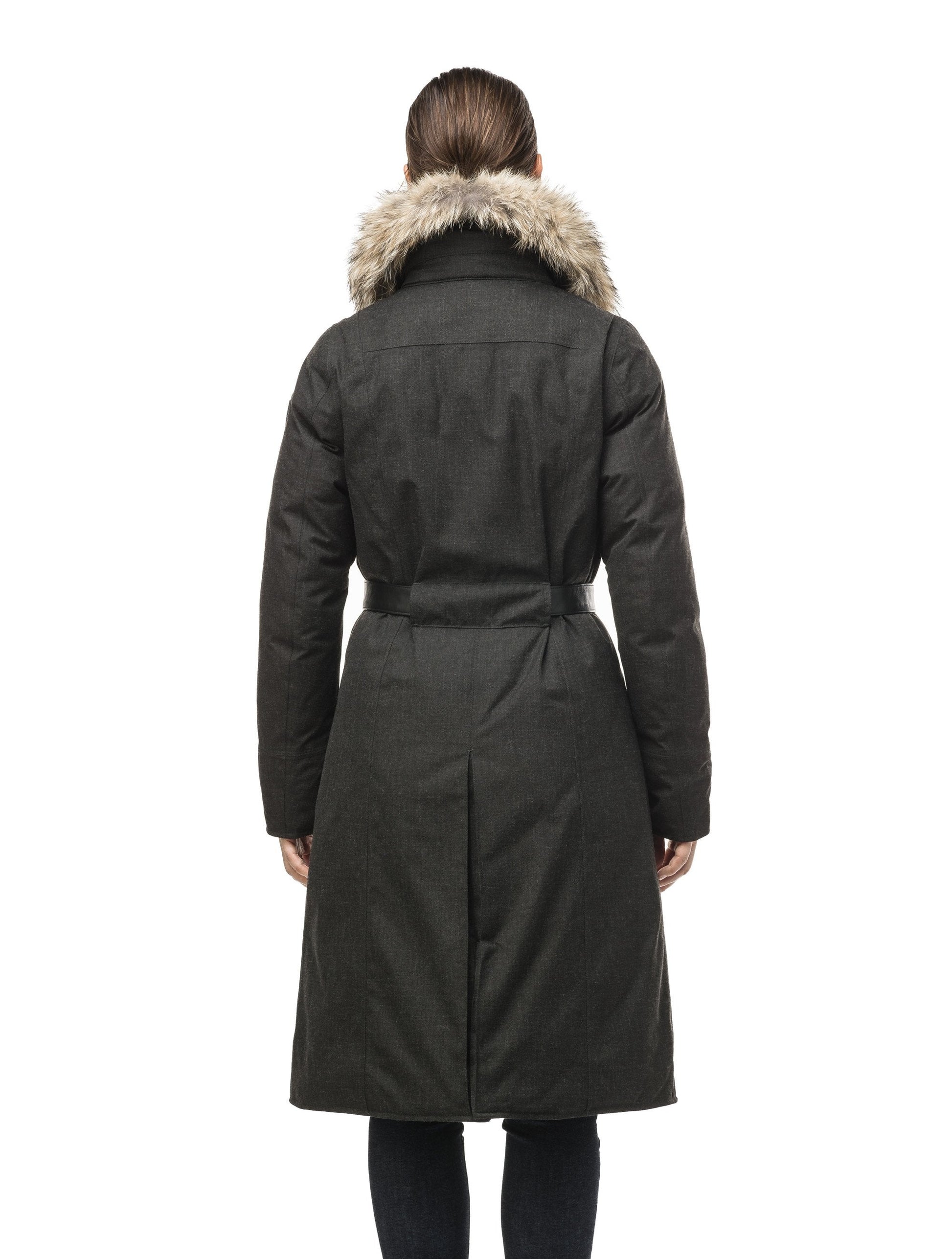 Women's lightweight down filled parka with a removable fur collar and a washable, Japanese DWR Leather belt in H. Black