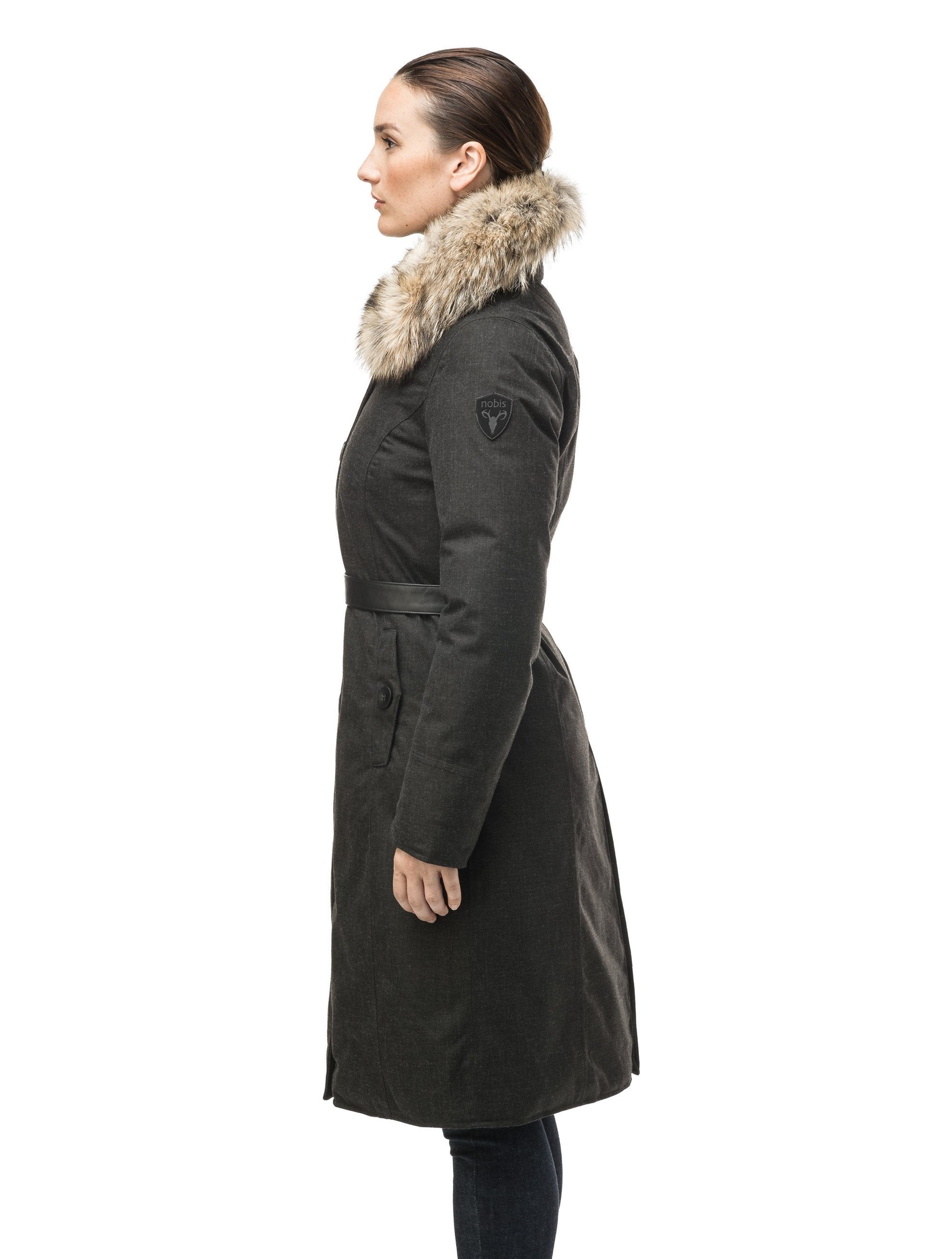 Women's lightweight down filled parka with a removable fur collar and a washable, Japanese DWR Leather belt in H. Black