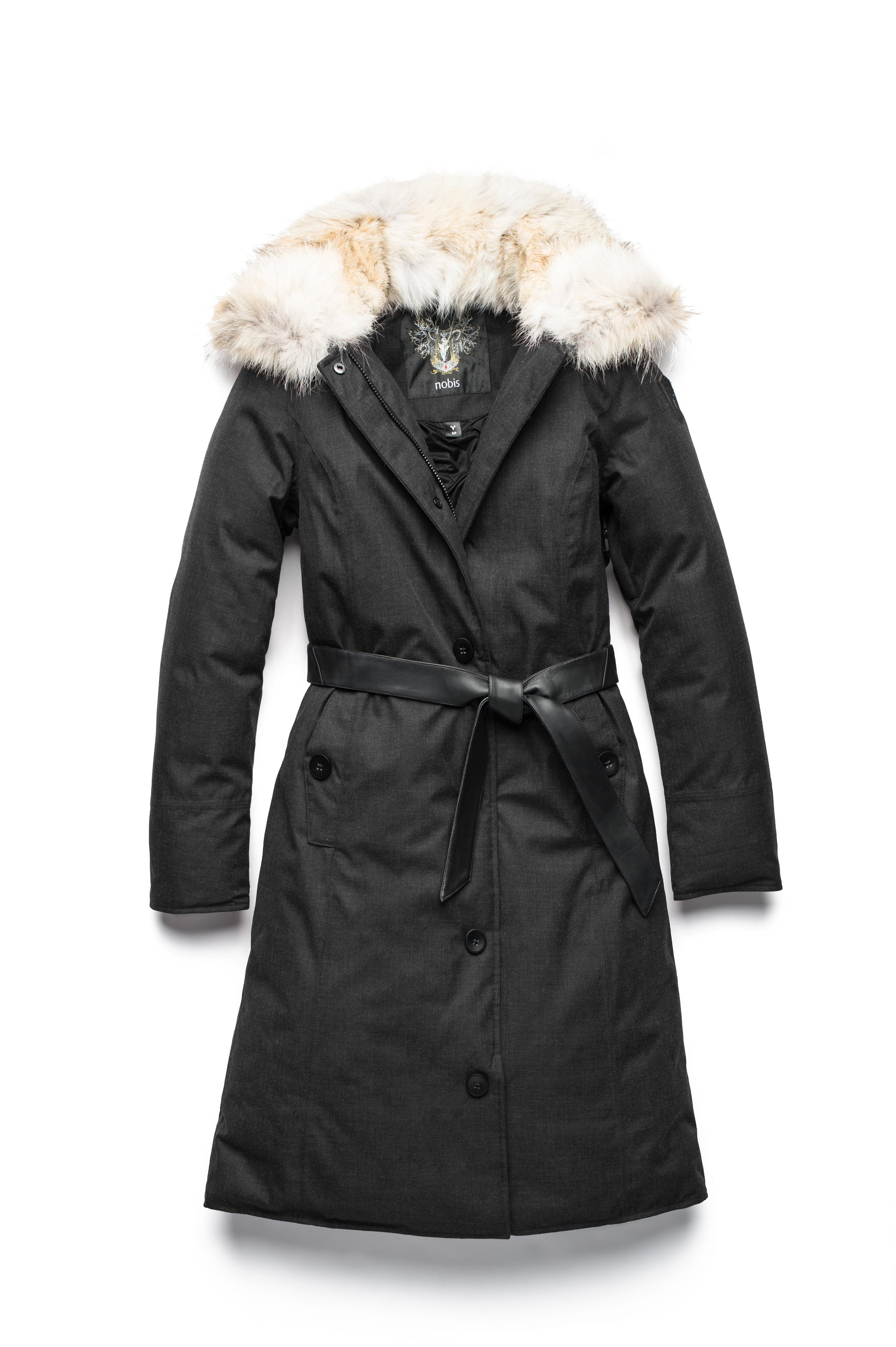 Women's lightweight down filled parka with a removable fur collar and a washable, Japanese DWR Leather belt in H. Black