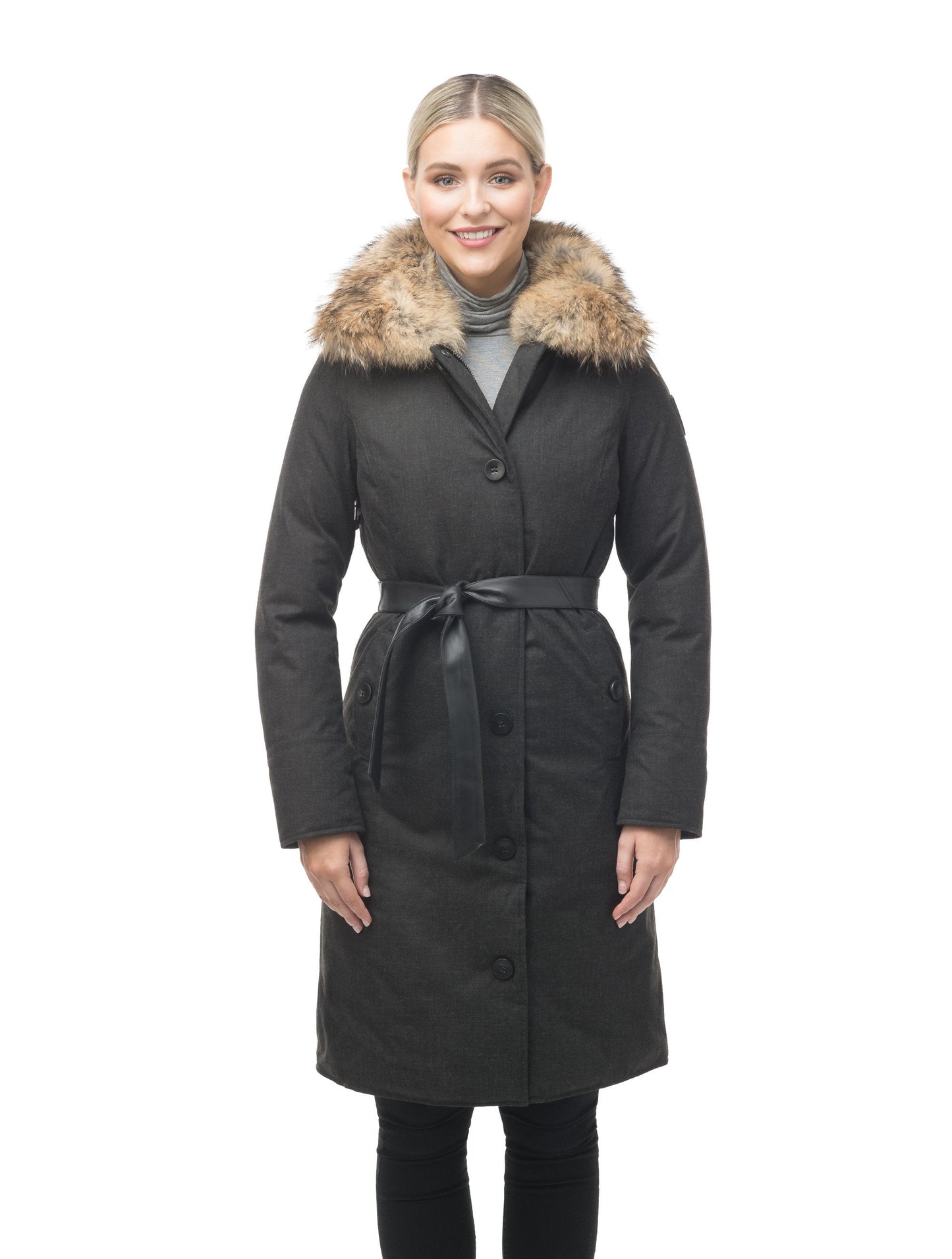 Women's lightweight down filled parka with a removable fur collar and a washable, Japanese DWR Leather belt in H. Charcoal