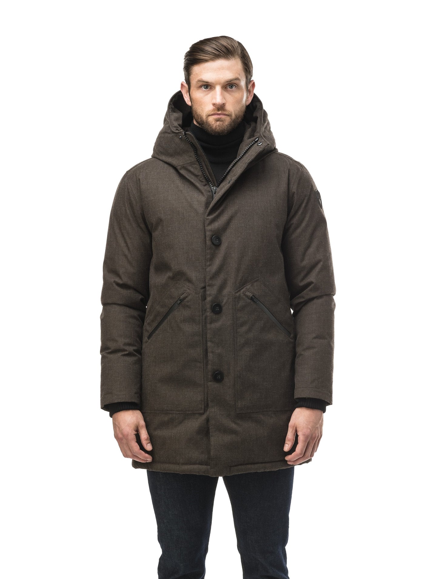 Men's fur free hooded parka with zipper and button closure placket featuring two oversized front pockets in H. Brown