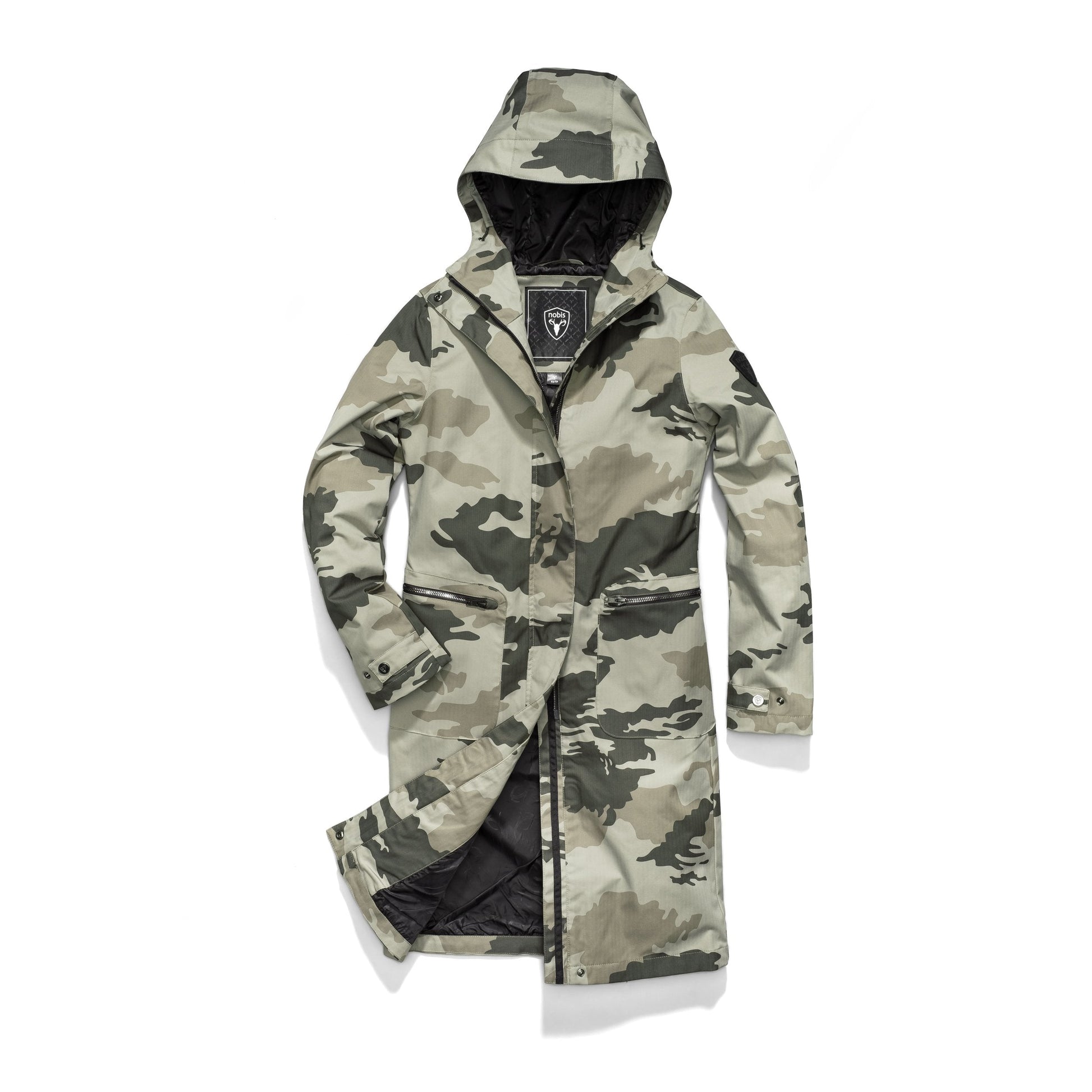 Women's long raincoat with an adjustable hood in Army Green Camo