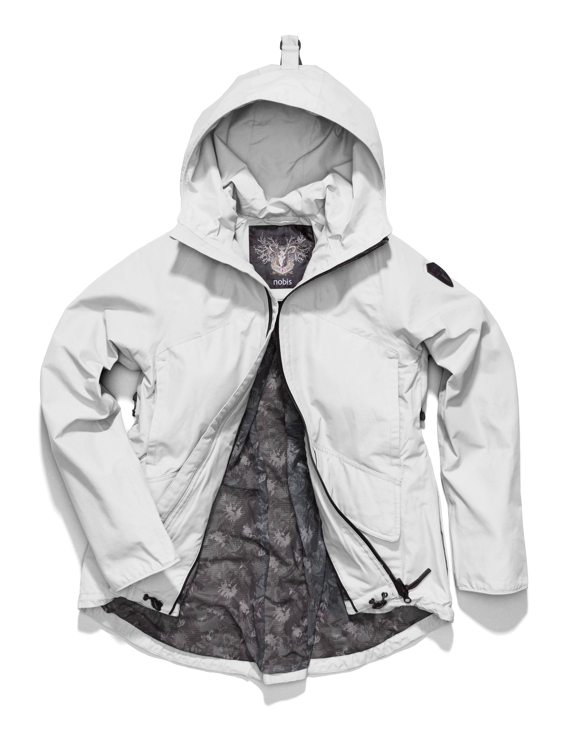 Women's hooded rain jacket with high low hem in Light Grey