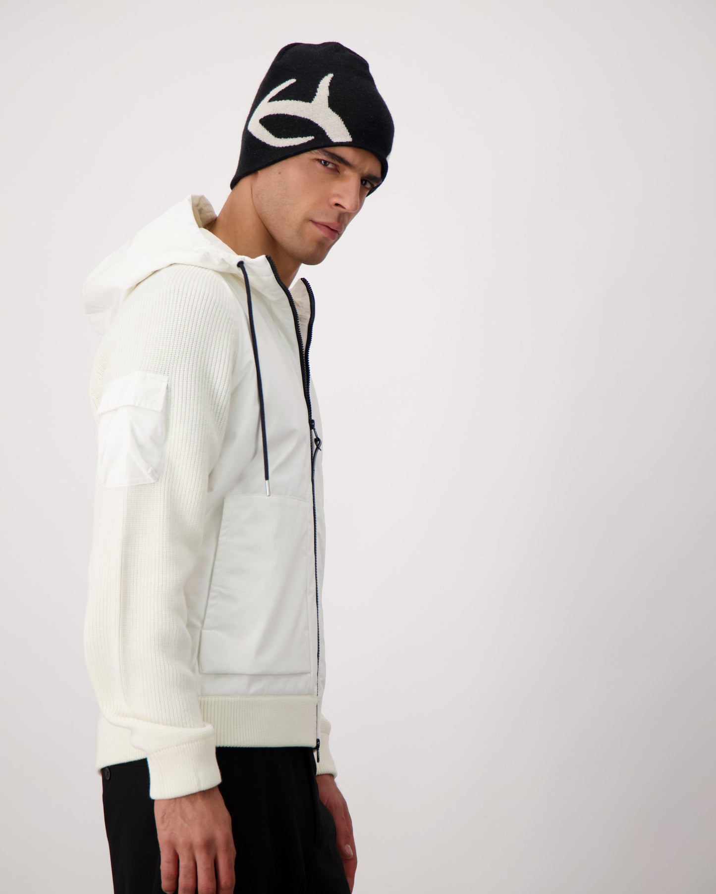 Antler Beanie in merino wool blend, antler knit motif on front, in Black