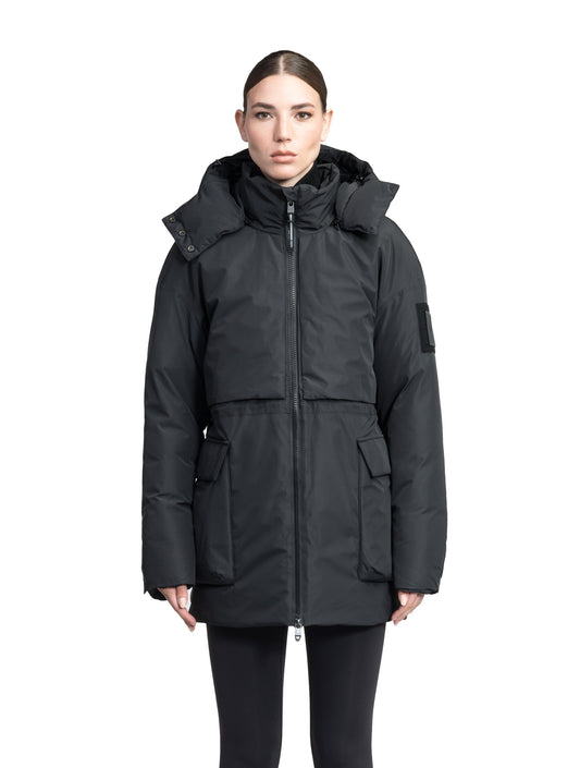 Haelyn Ladies Short Utility Parka in thigh length, 3-Ply Micro Denier fabrication, Premium Canadian White Duck Down insulation, removable down-filled hood, two-way centre front zipper, hidden adjustable cord at waist, adjustable snap cuffs, and four exterior patch pockets at front, in Black + Black