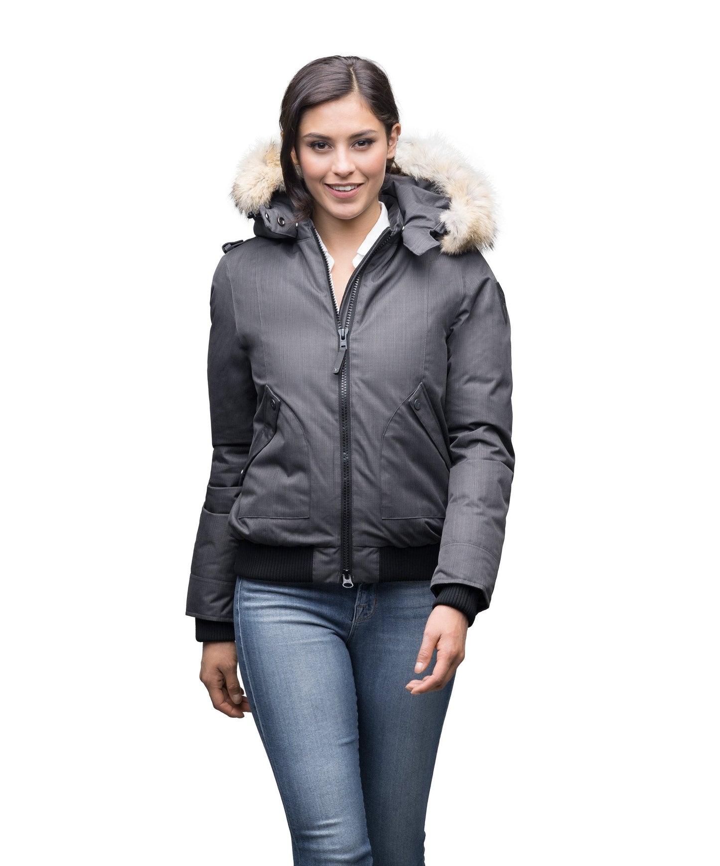 Women's bomber style down filled jacket with a removable hood and fur trim in CH Steel Grey