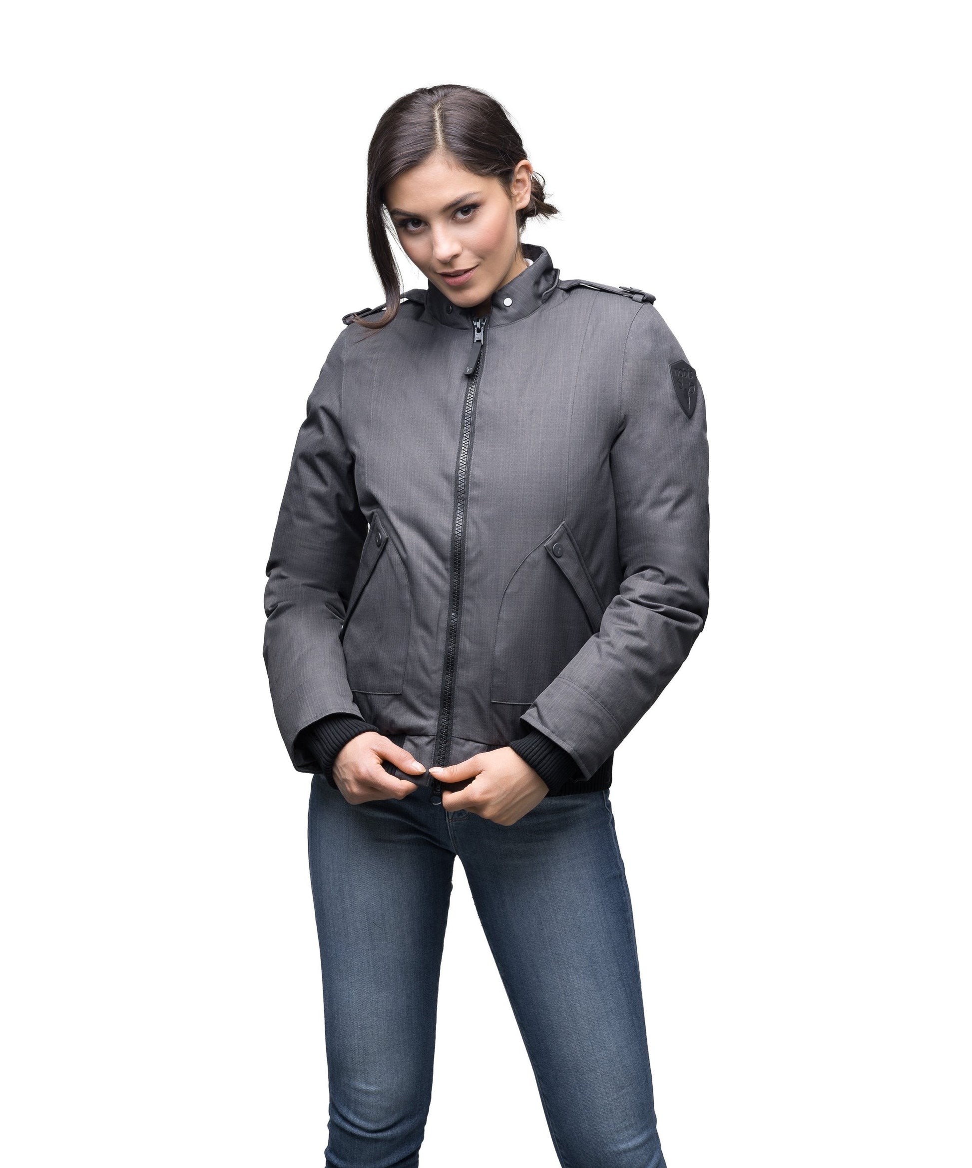 Women's bomber style down filled jacket with a removable hood and fur trim in CH Steel Grey