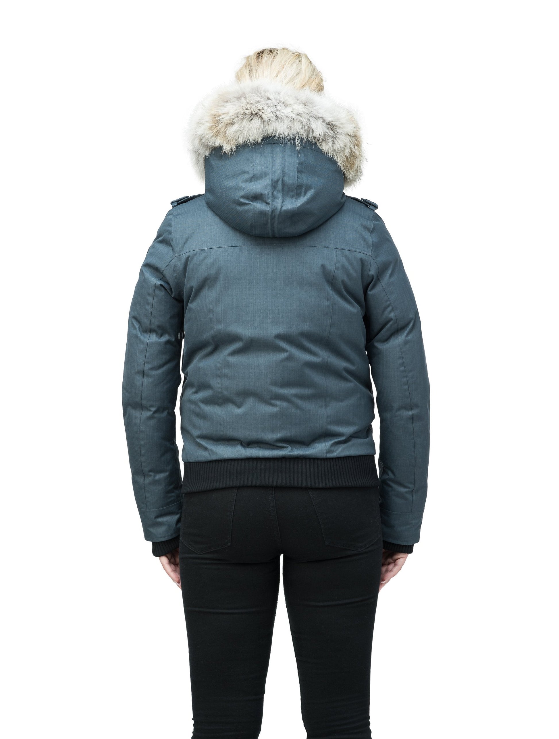 Women's bomber style down filled jacket with a removable hood and fur trim in CH Balsam