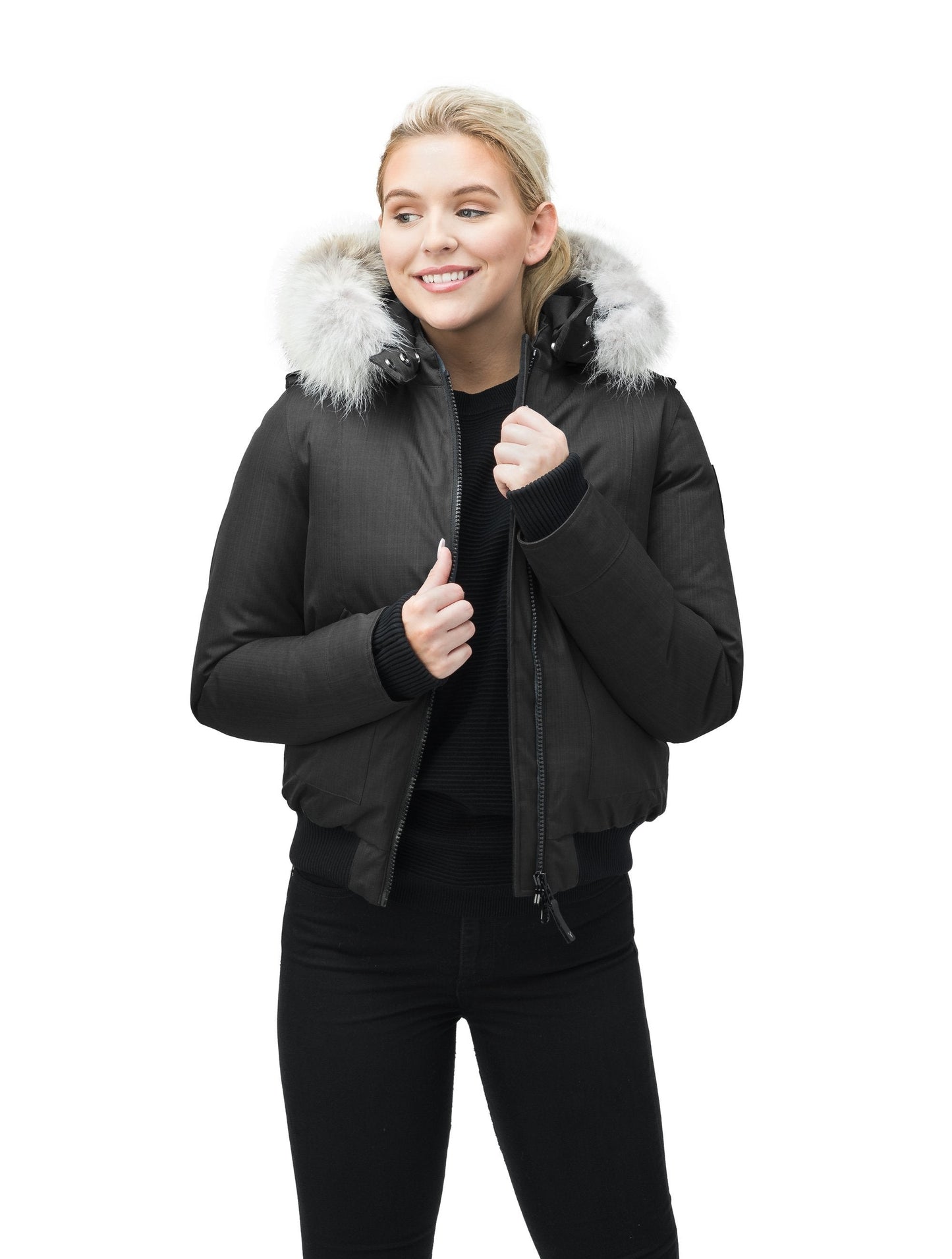 Women's bomber style down filled jacket with a removable hood and fur trim in CH Black