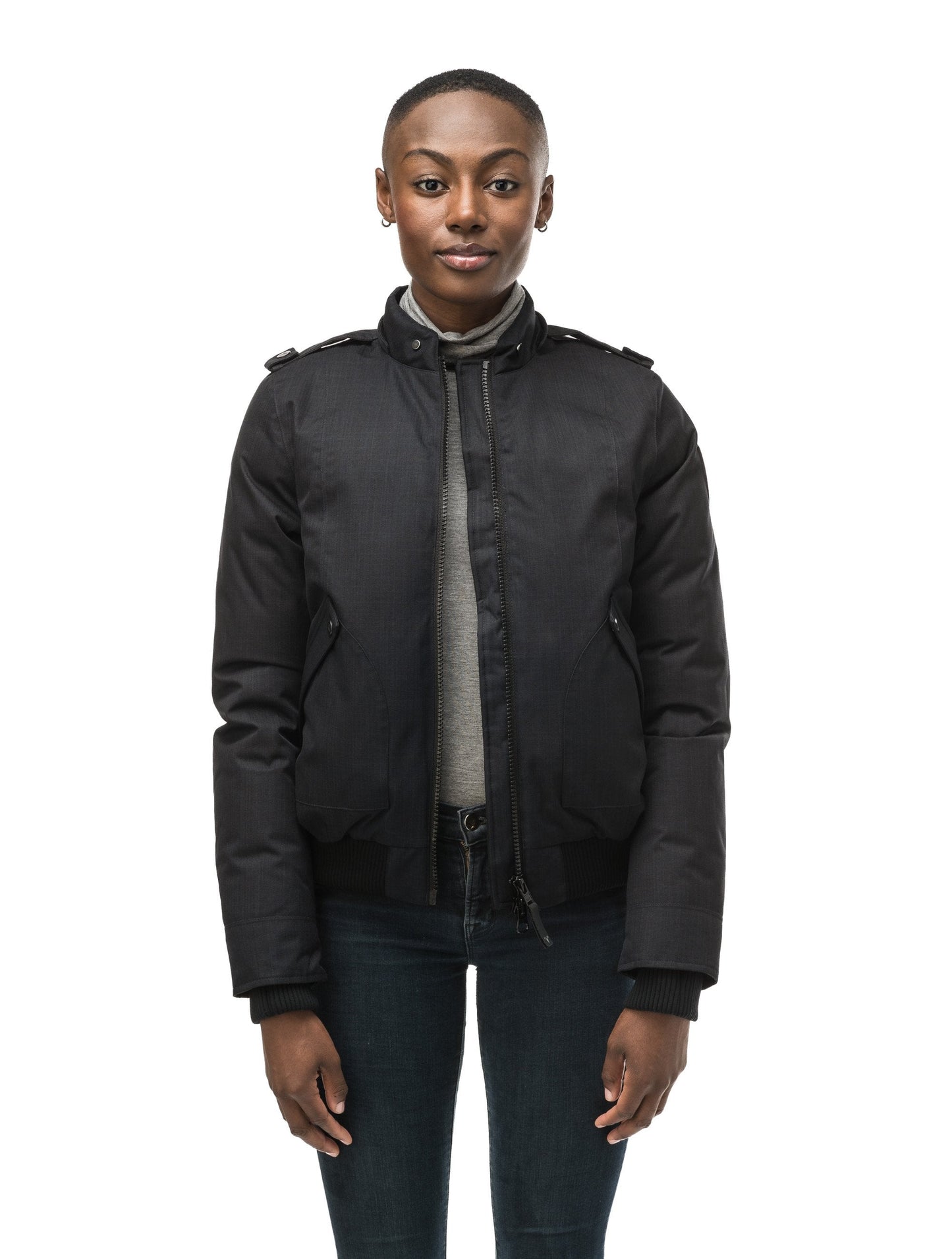 Women's bomber style down filled jacket with a removable hood and fur trim in CH Black