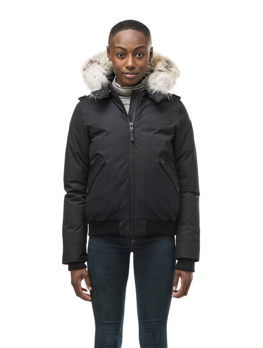 Women's bomber style down filled jacket with a removable hood and fur trim in CH Black