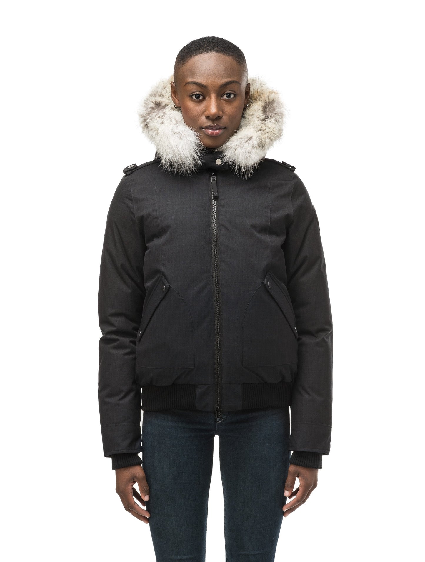 Women's bomber style down filled jacket with a removable hood and fur trim in CH Black