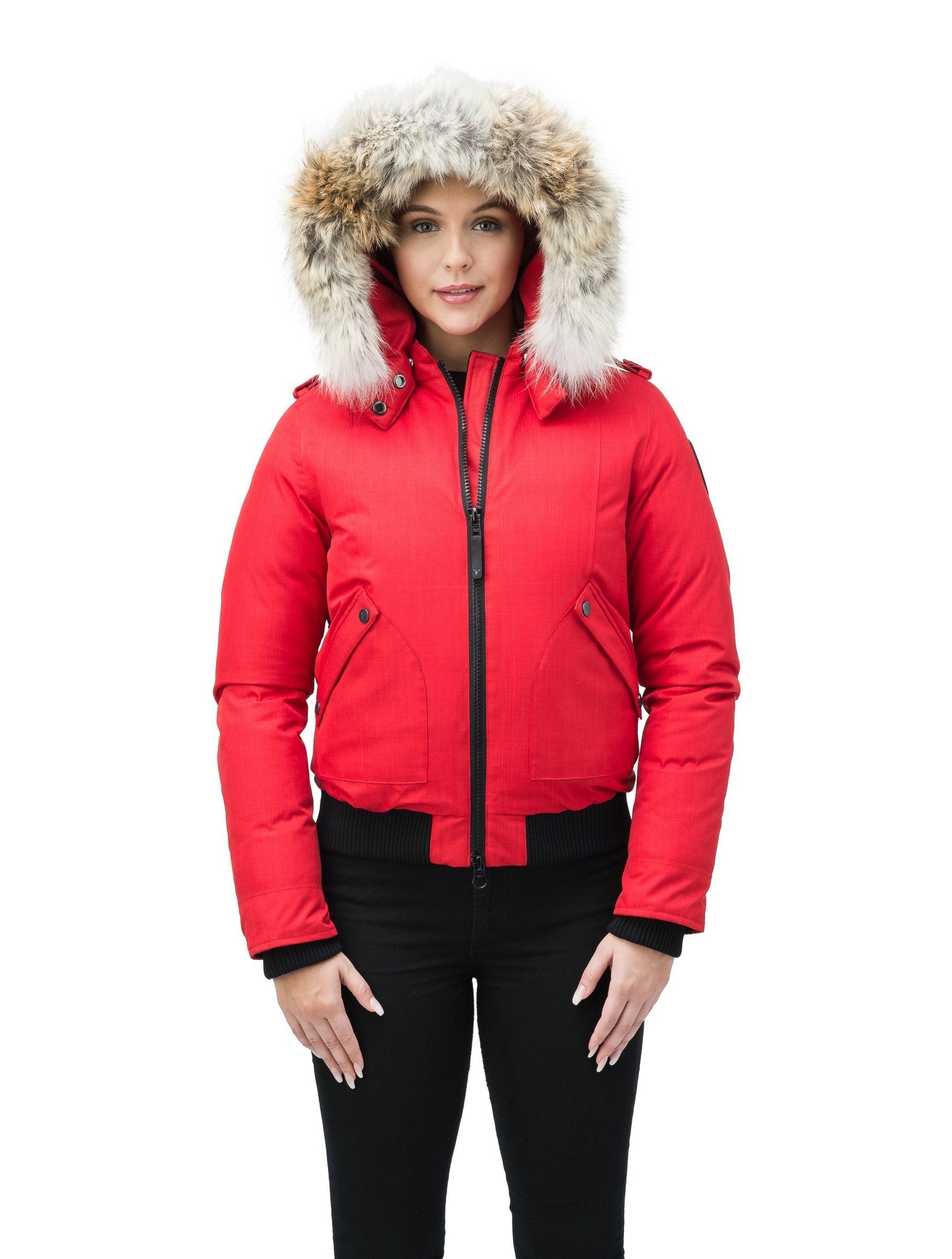 Women's bomber style down filled jacket with a removable hood and fur trim in CH Red