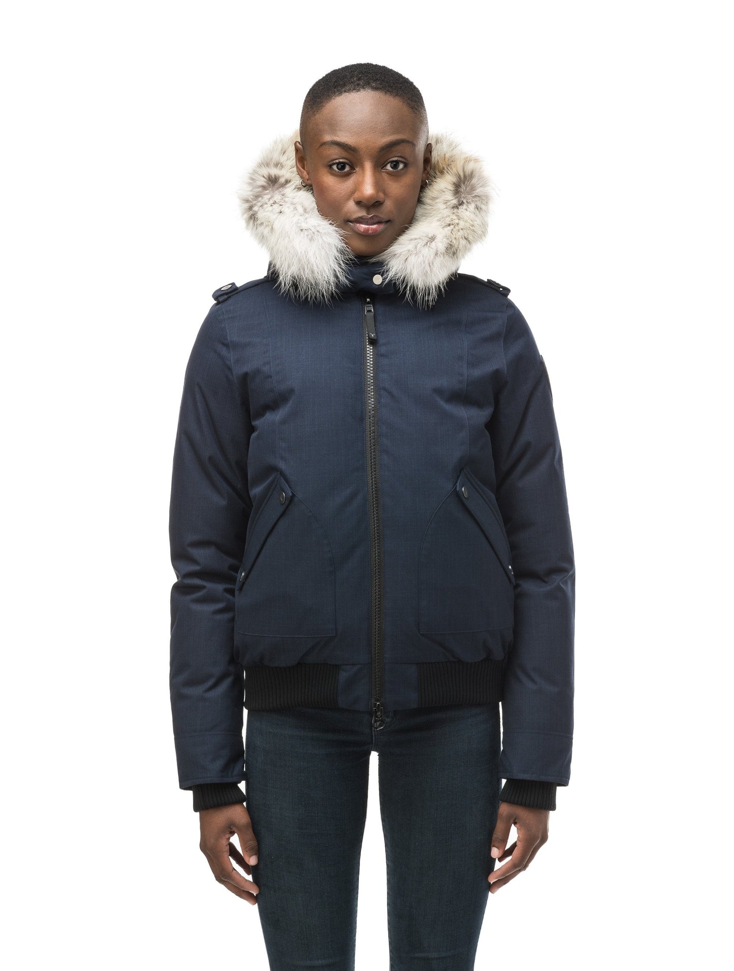 Women's bomber style down filled jacket with a removable hood and fur trim in CH Navy