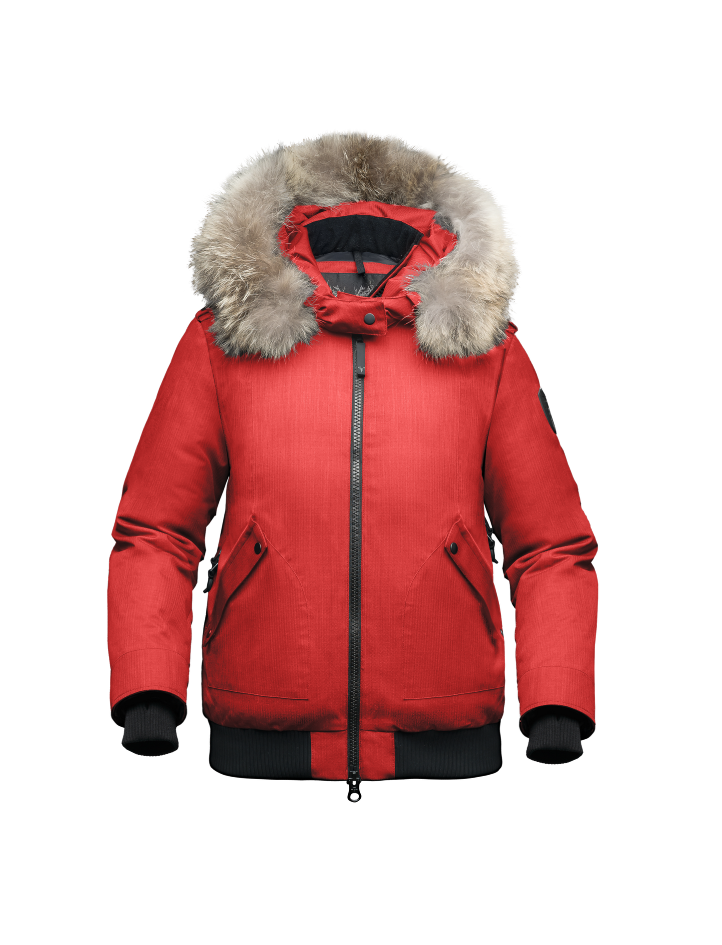 Women's bomber style down filled jacket with a removable hood and fur trim in CH Red