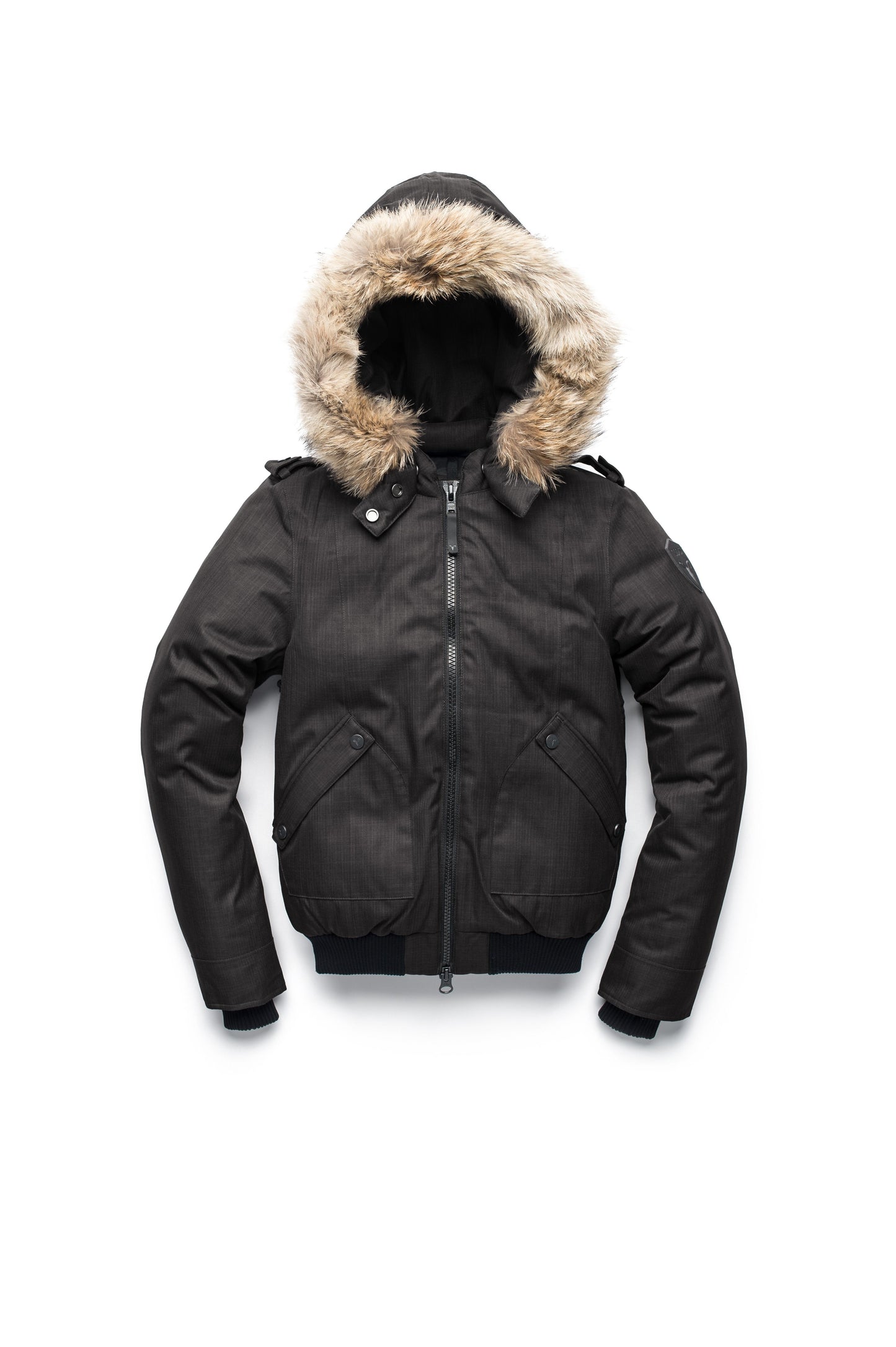 Women's bomber style down filled jacket with a removable hood and fur trim in CH Black