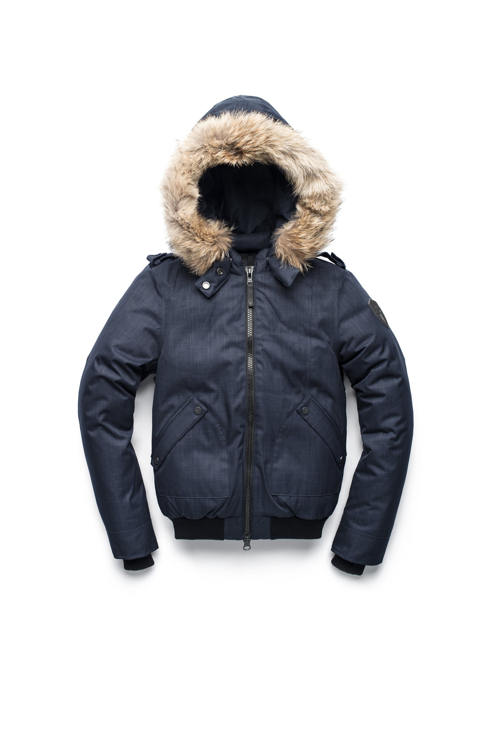 Women's bomber style down filled jacket with a removable hood and fur trim in CH Navy