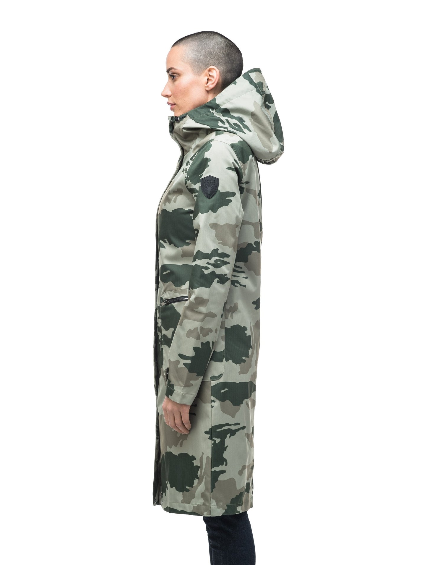 Women's long raincoat with an adjustable hood in Army Green Camo