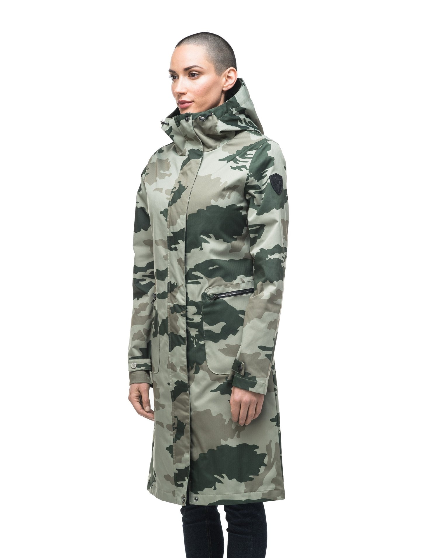 Women's long raincoat with an adjustable hood in Army Green Camo