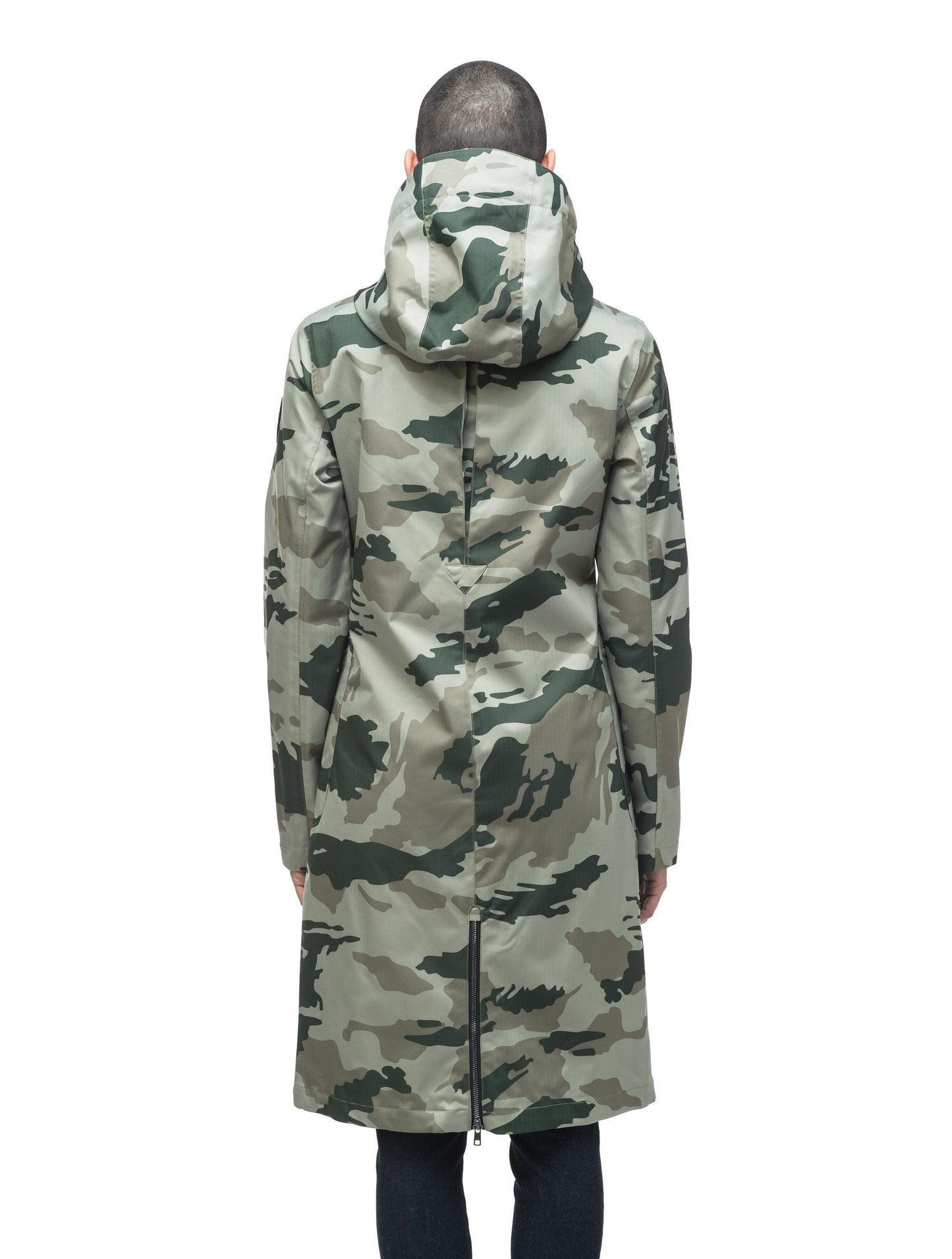 Women's long raincoat with an adjustable hood in Army Green Camo