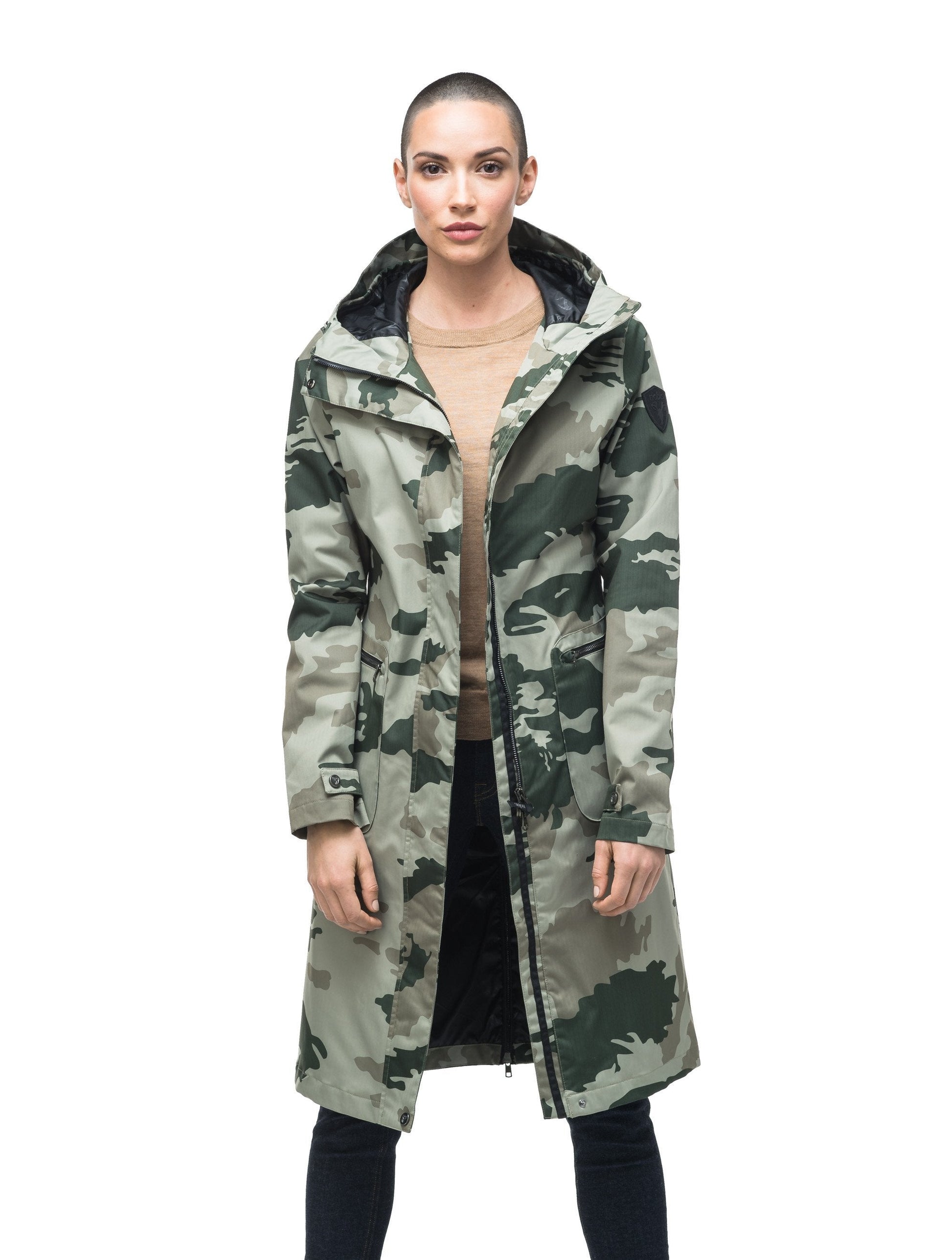 Women's long raincoat with an adjustable hood in Army Green Camo