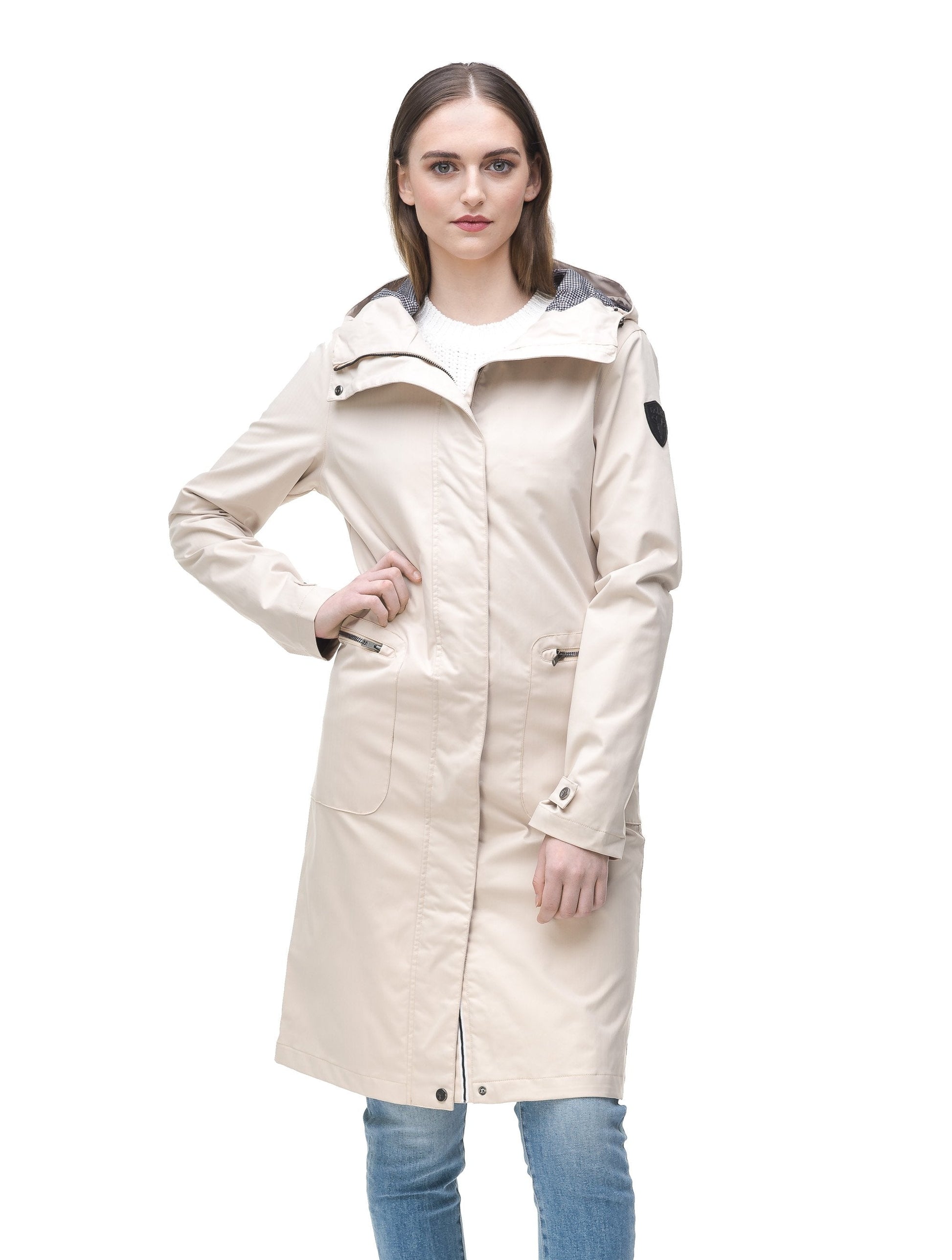 Women's long raincoat with an adjustable hood in Camel