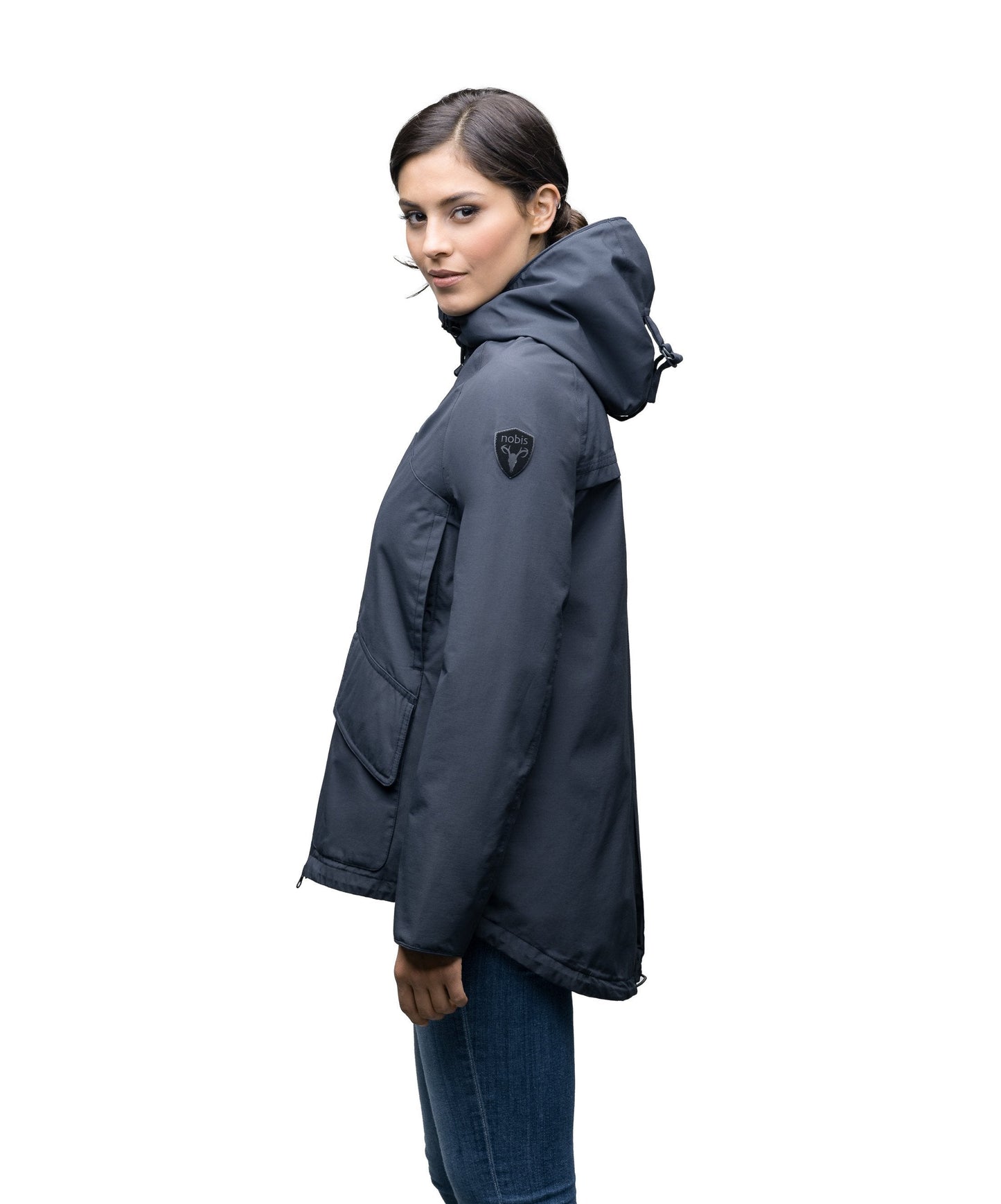 Women's hooded rain jacket with high low hem in Navy