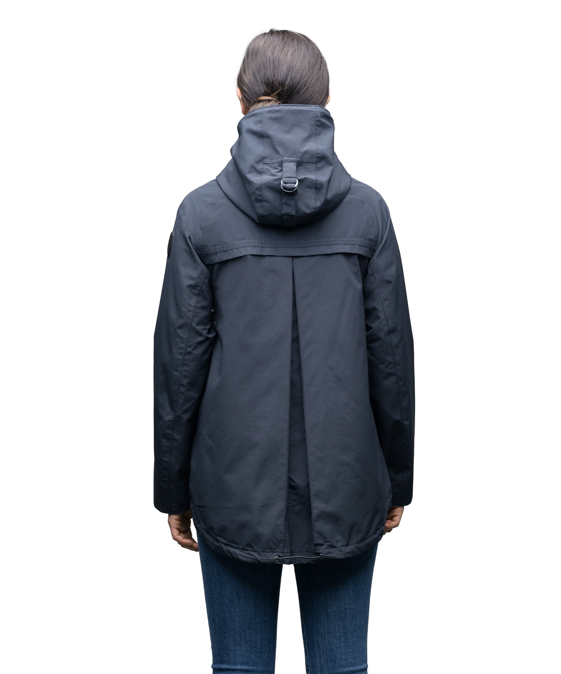 Women's hooded rain jacket with high low hem in Navy