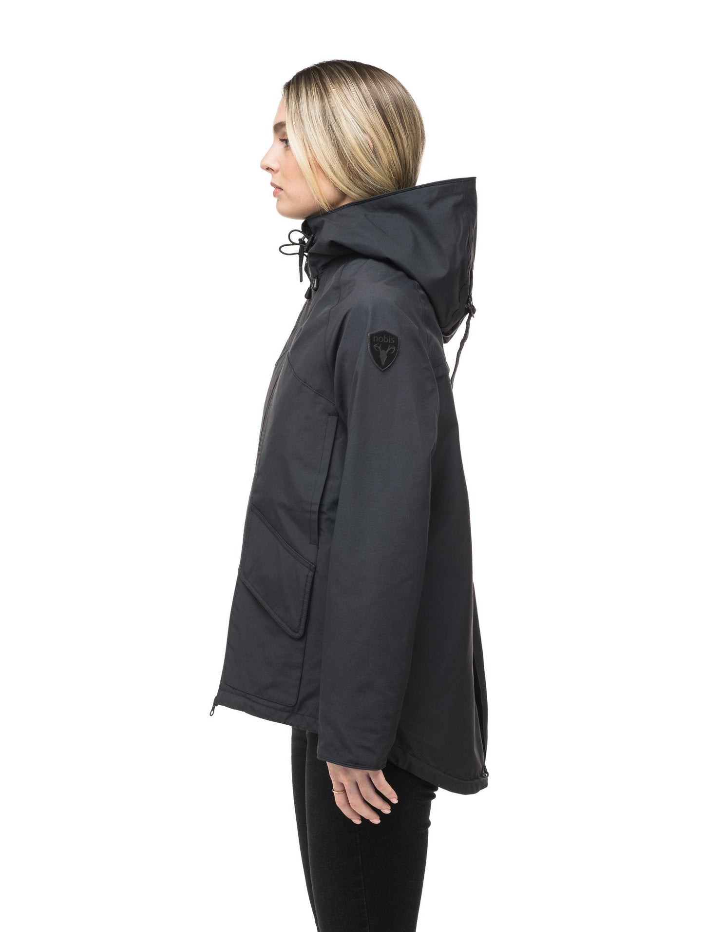 Women's hooded rain jacket with high low hem in Black