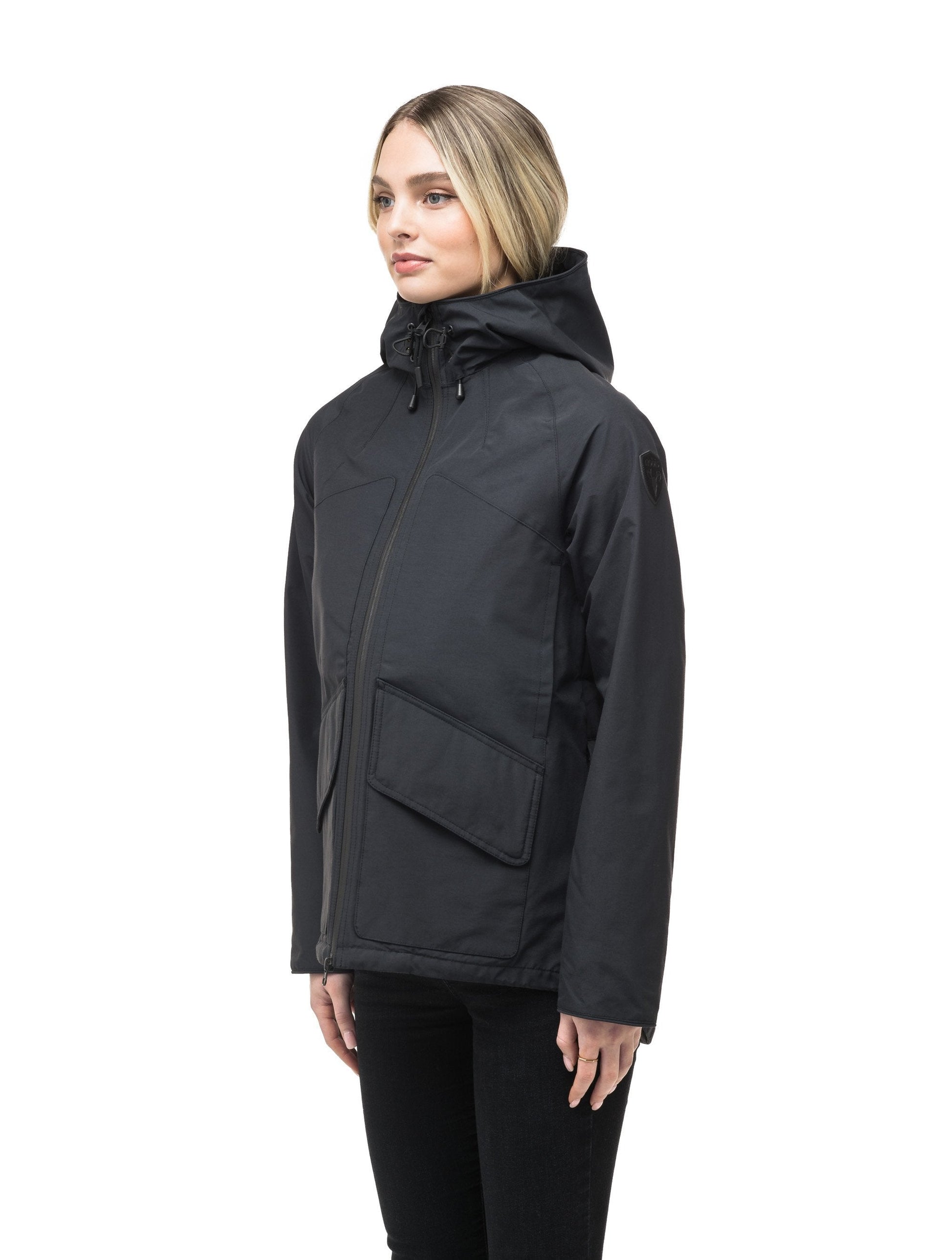 Women's hooded rain jacket with high low hem in Black