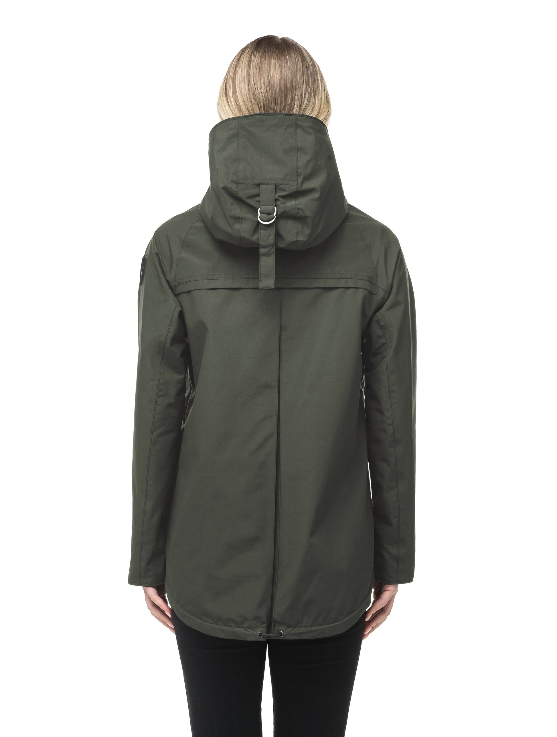 Women's hooded rain jacket with high low hem in Dark Forest