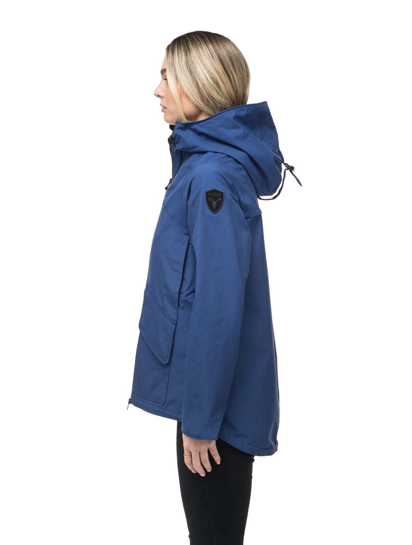 Women's hooded rain jacket with high low hem in Royal