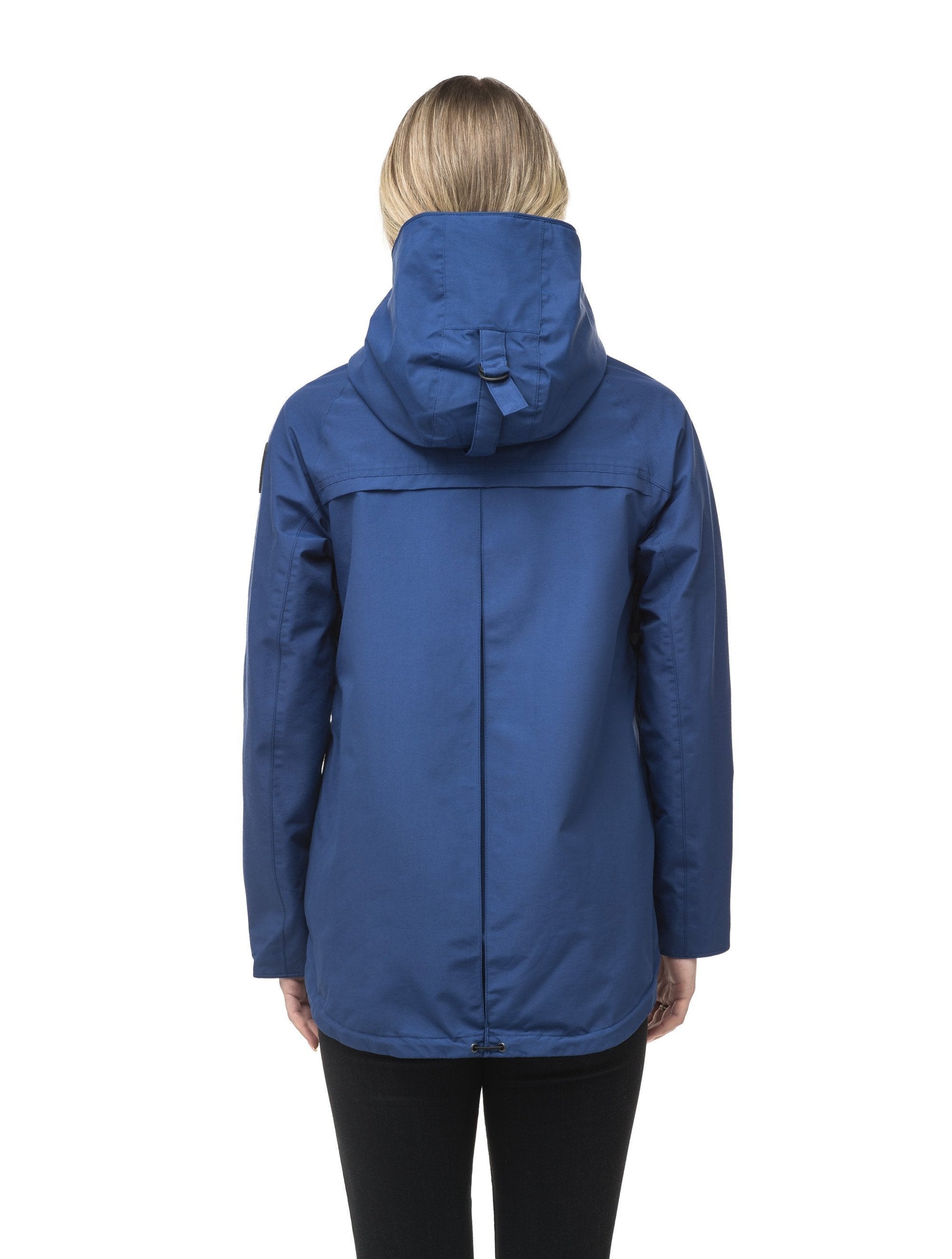 Women's hooded rain jacket with high low hem in Royal