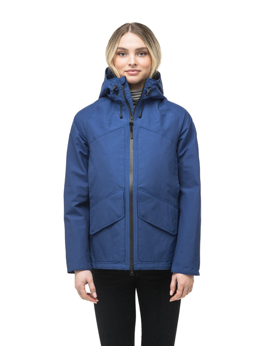 Women's hooded rain jacket with high low hem in Royal + Royal