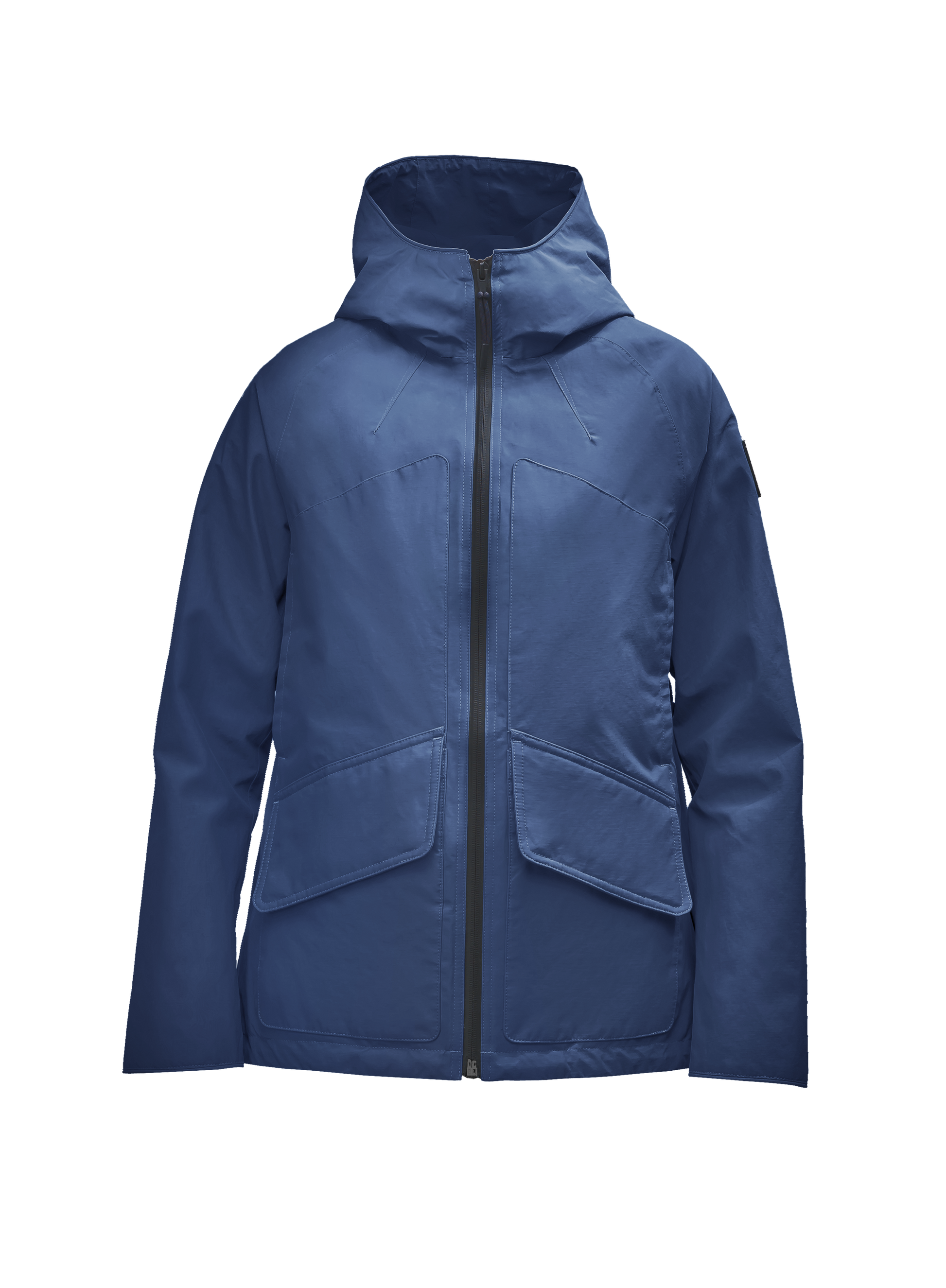 Women's hooded rain jacket with high low hem in Royal