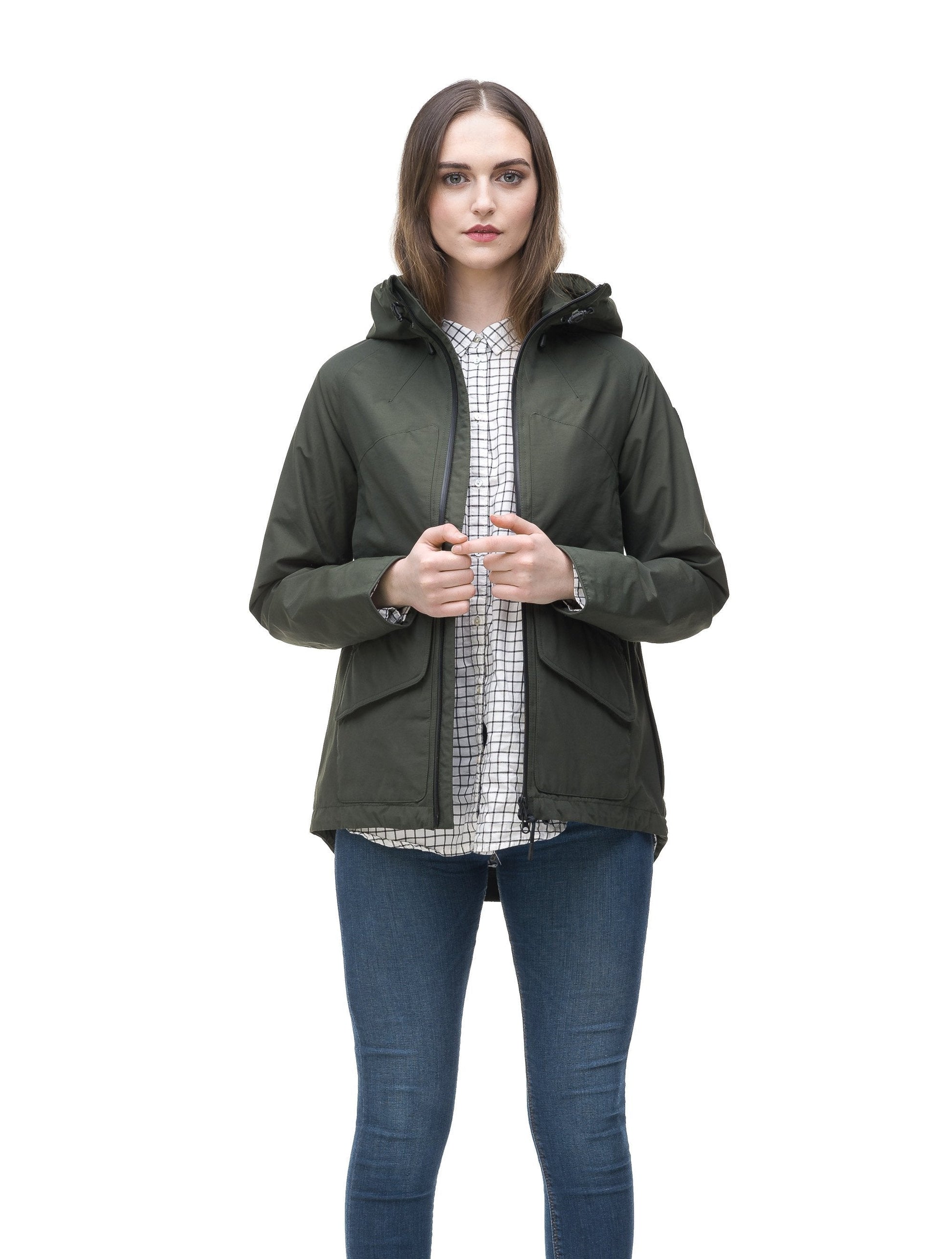 Women's hooded rain jacket with high low hem in Dark Forest