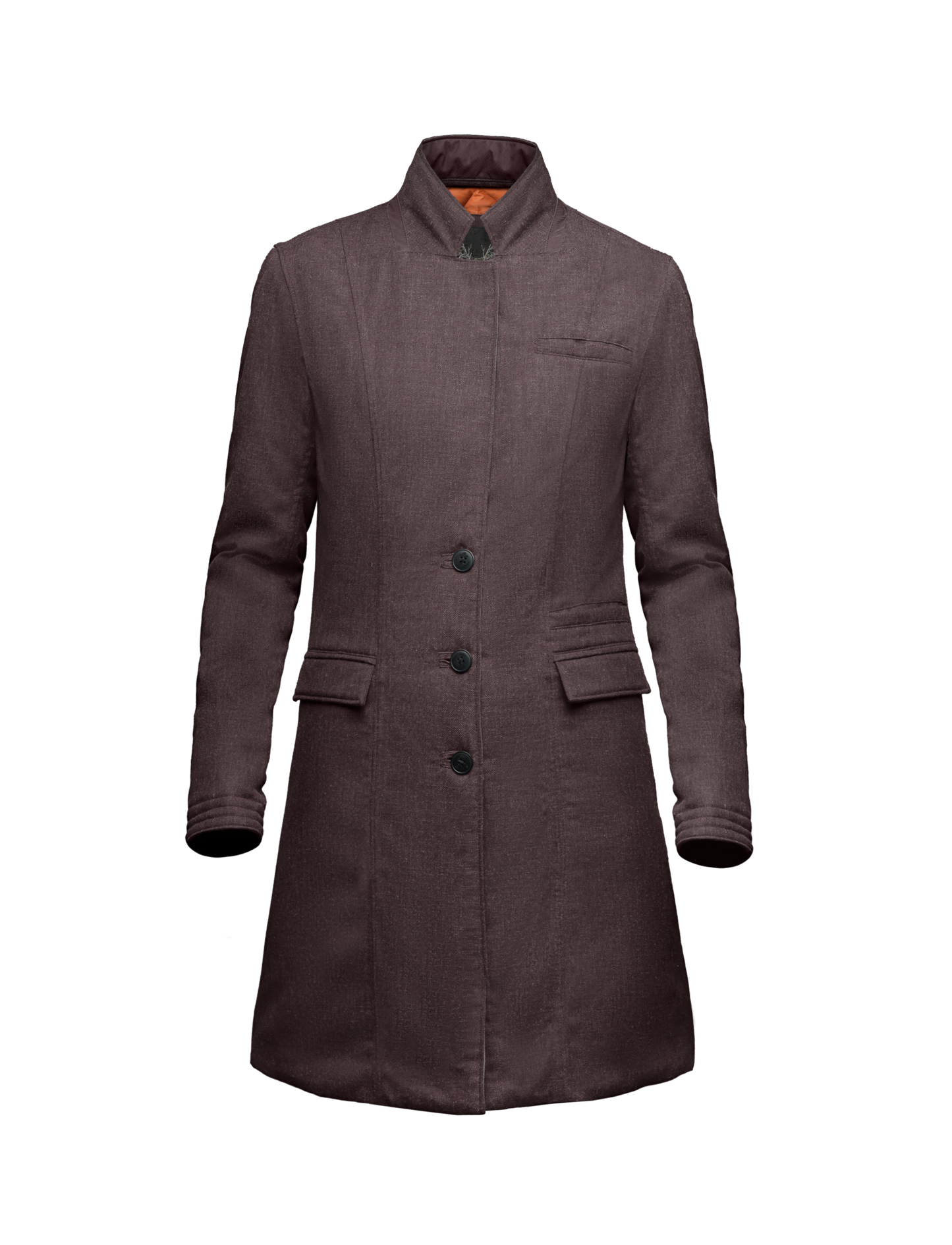 Women's mid length down filled overcoat in H. Burgundy