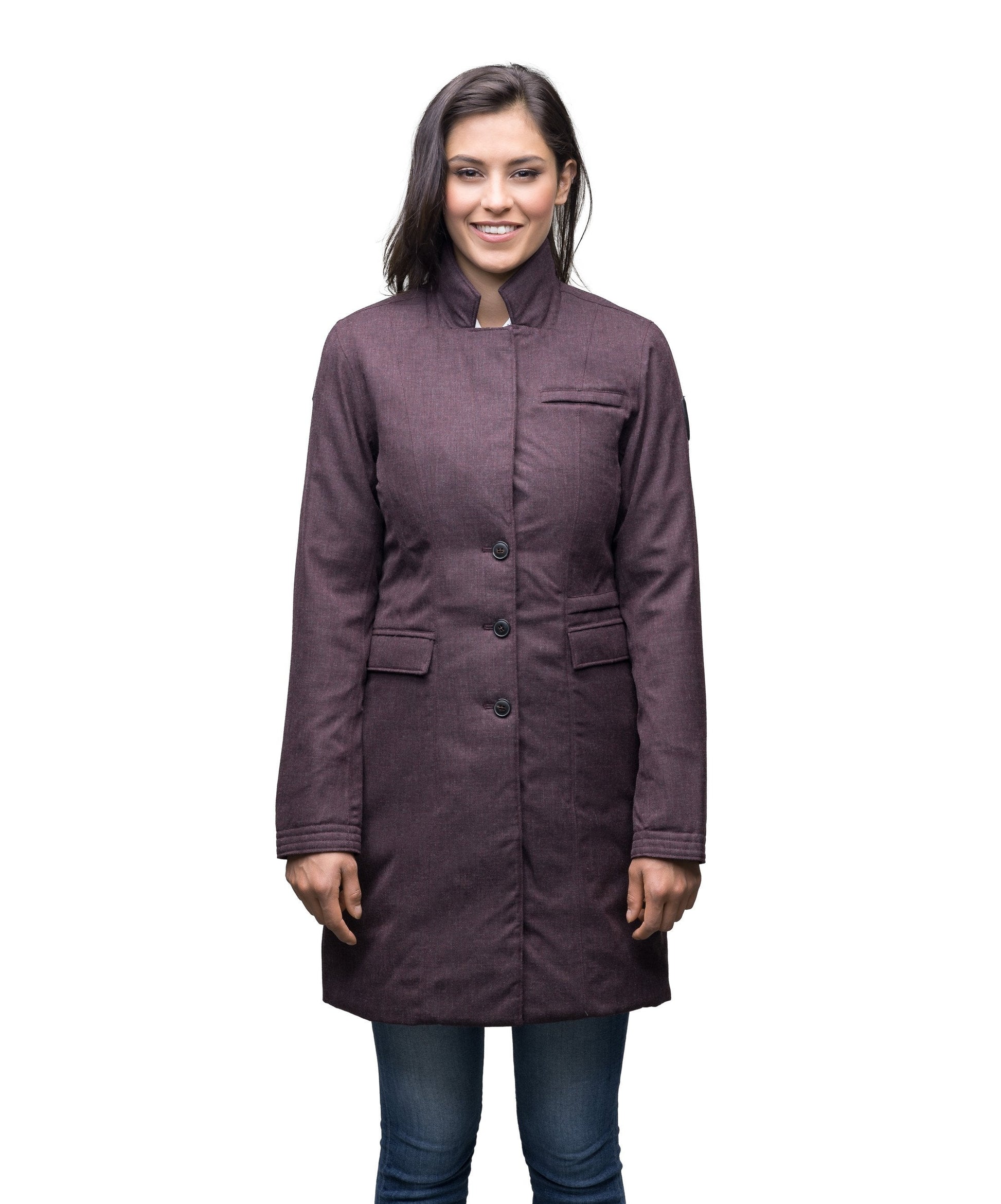 Women's mid length down filled overcoat in H. Burgundy