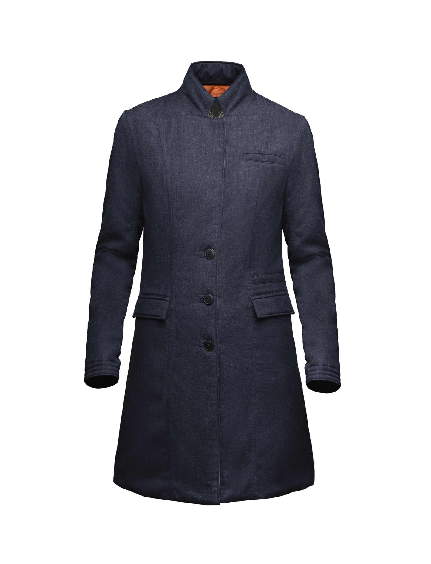 Women's mid length down filled overcoat in H. Navy