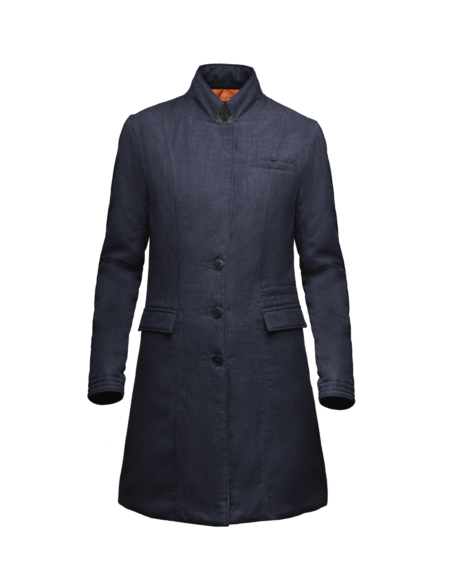 Women's mid length down filled overcoat in H. Navy