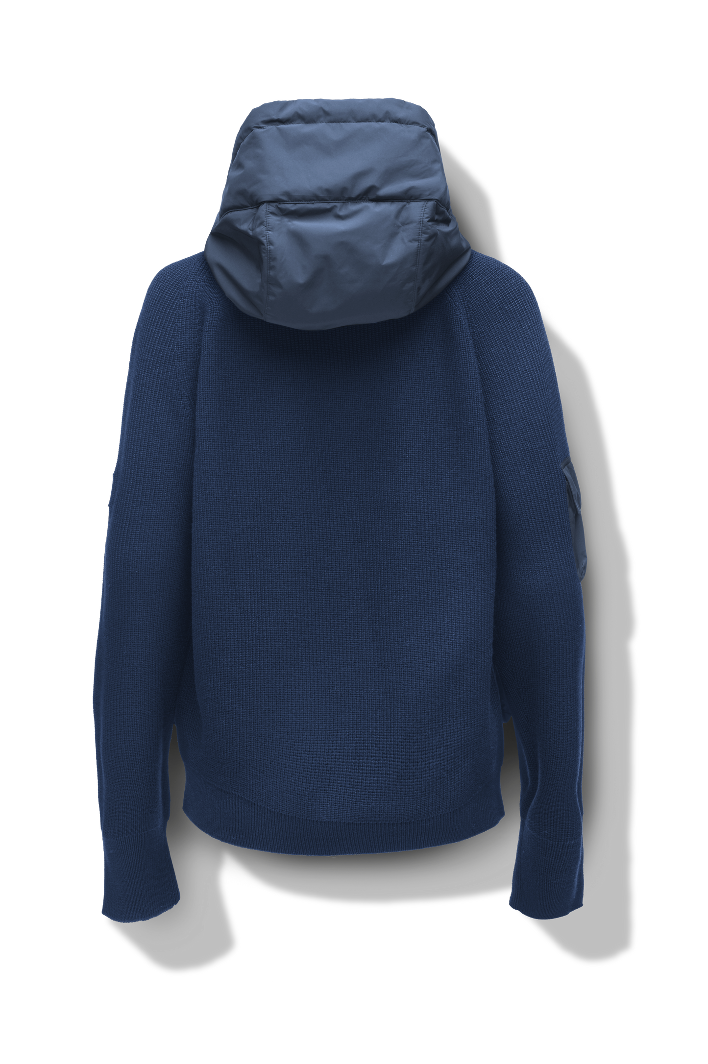 Hedge Men's Performance Hoodie in hip length, premium 3-ply micro denier and 100% virgin extra fine merino wool knit fabrication, Primaloft Gold Insulation Active+, non-removable hood with adjustable drawstrings, two-way centre-front zipper, magnetic closure side-entry pockets at waist, in Marine