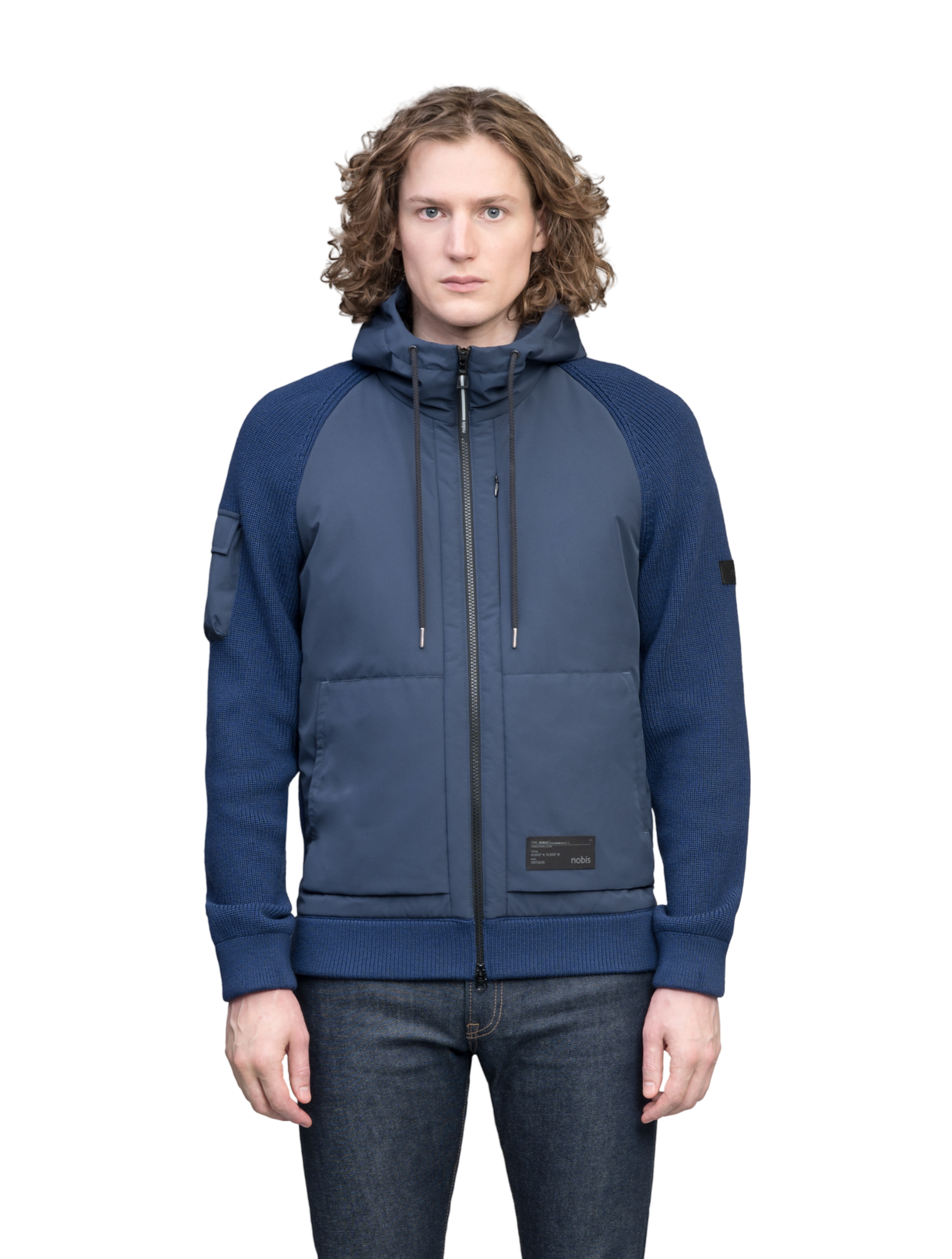 Hedge Men's Performance Hoodie in hip length, premium 3-ply micro denier and 100% virgin extra fine merino wool knit fabrication, Primaloft Gold Insulation Active+, non-removable hood with adjustable drawstrings, two-way centre-front zipper, magnetic closure side-entry pockets at waist, in Marine