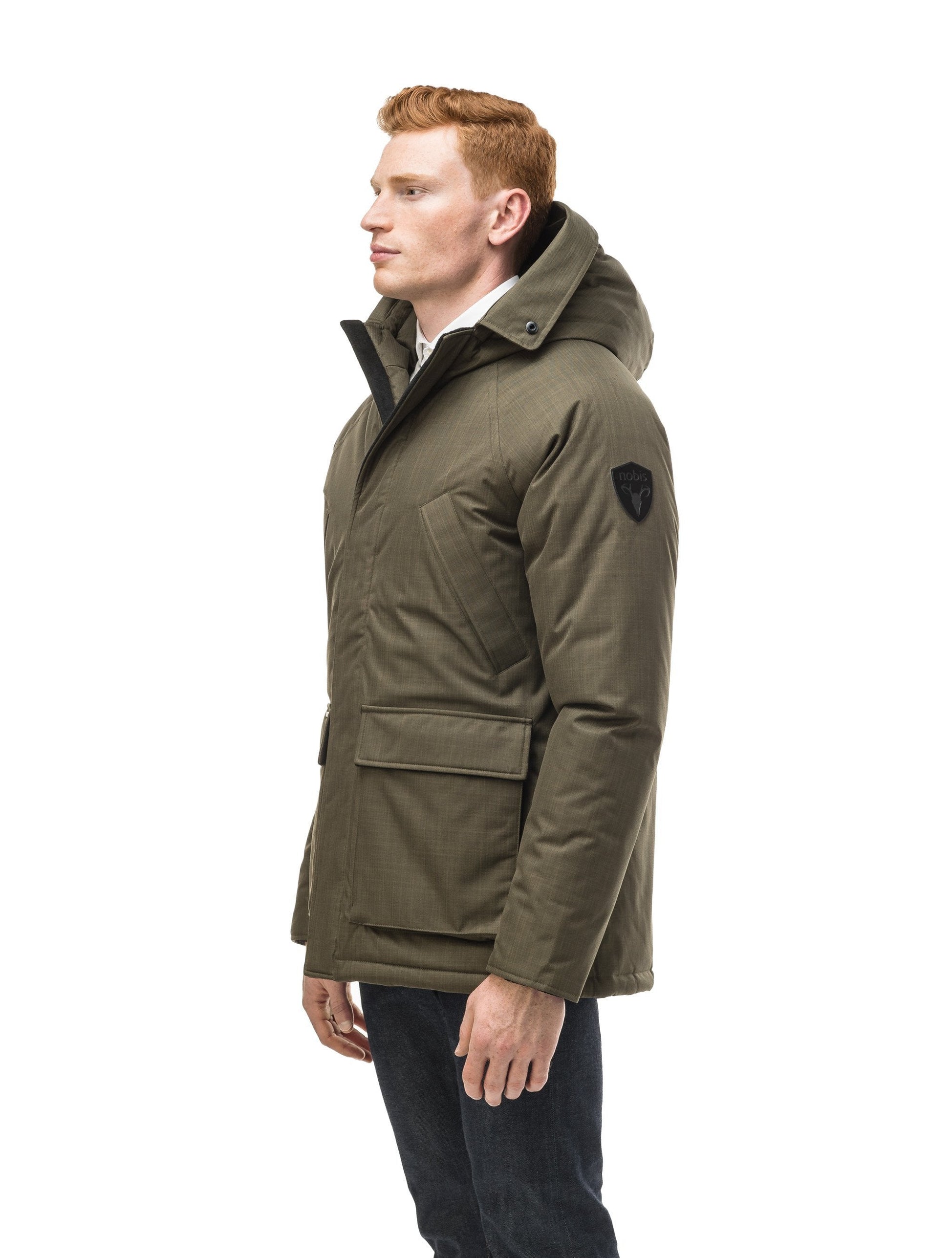 Men's waist length down filled jacket with two front pockets with magnetic closure and a removable fur trim on the hood in CH Army Green