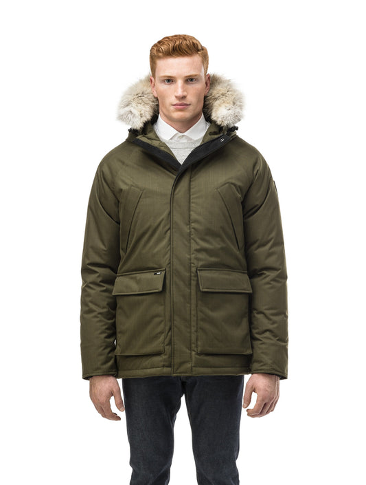 Men's waist length down filled jacket with two front pockets with magnetic closure and a removable fur trim on the hood in CH Fatigue + CH Fatigue