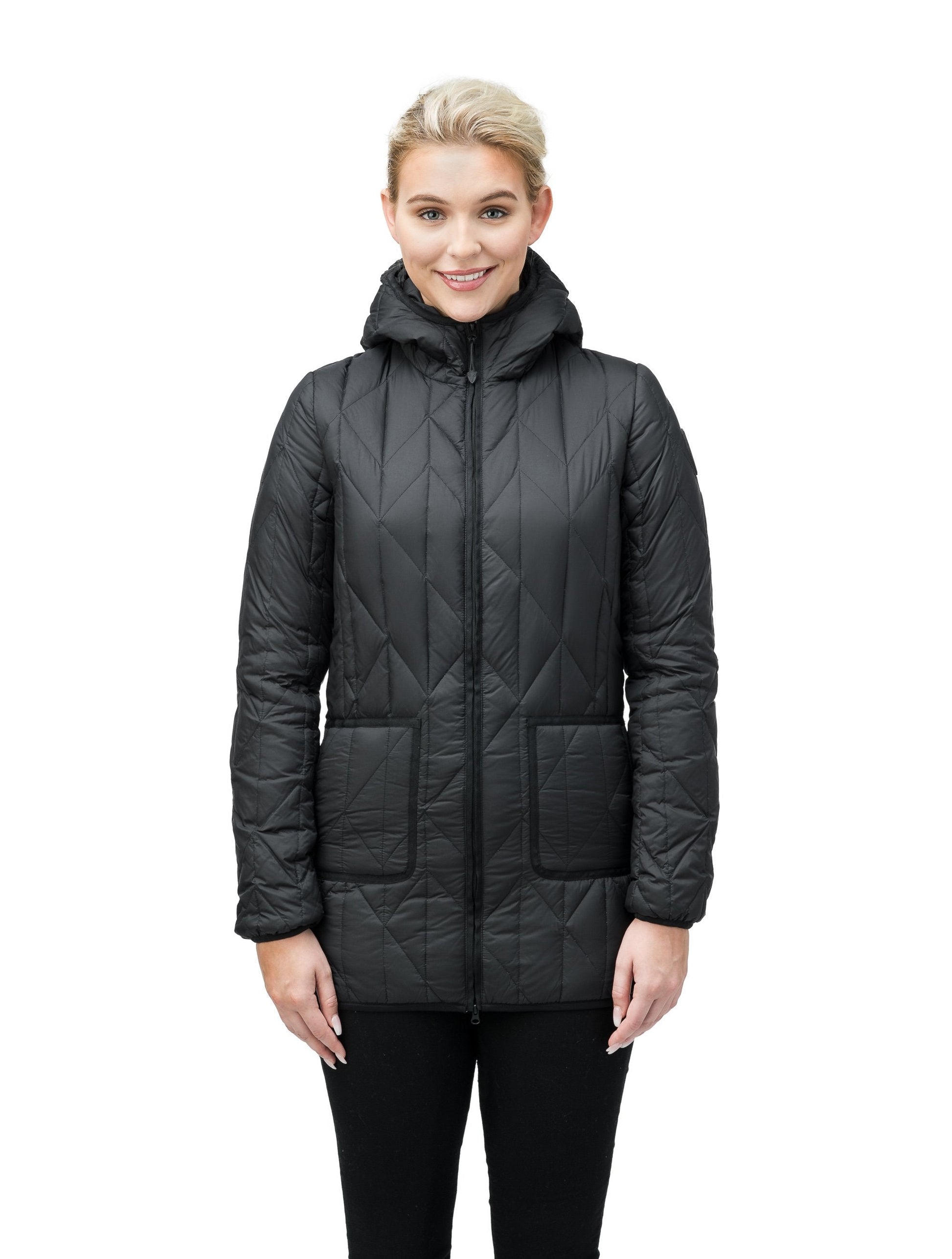 Women's down filled lightweight jacket with fishbone quilting and mid thigh silhouette in Black