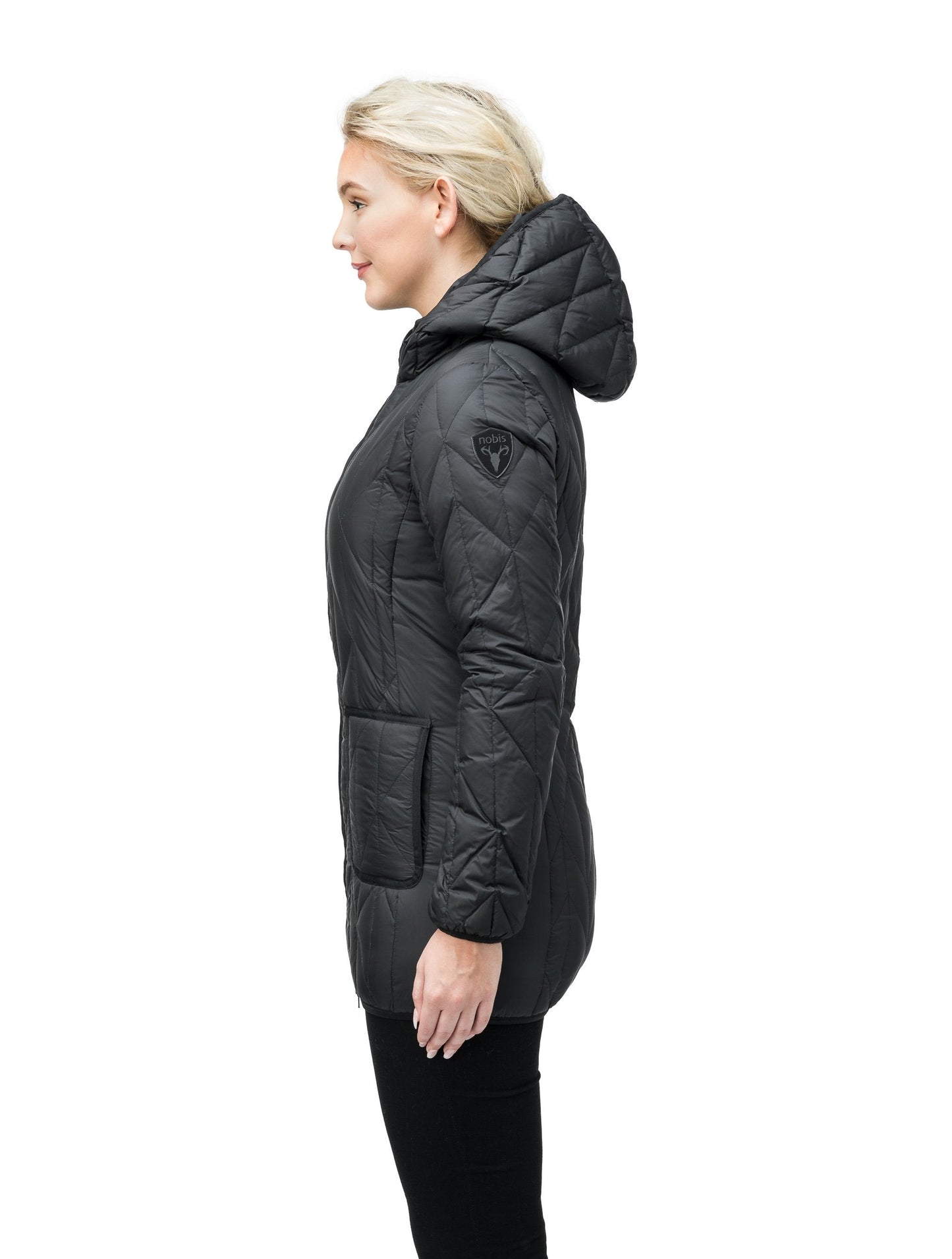 Women's down filled lightweight jacket with fishbone quilting and mid thigh silhouette in Black